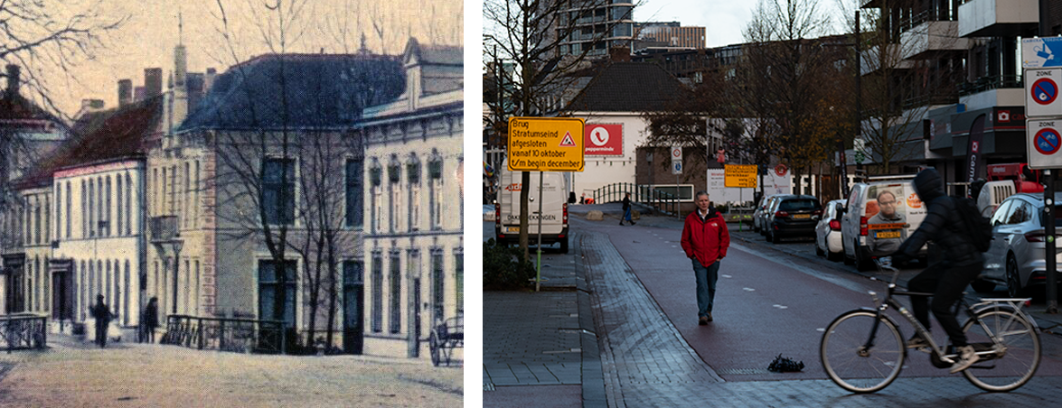 Postcard detail on the left, three small buildings and a bridge. Photo on the right, two of the buildings demolished. 