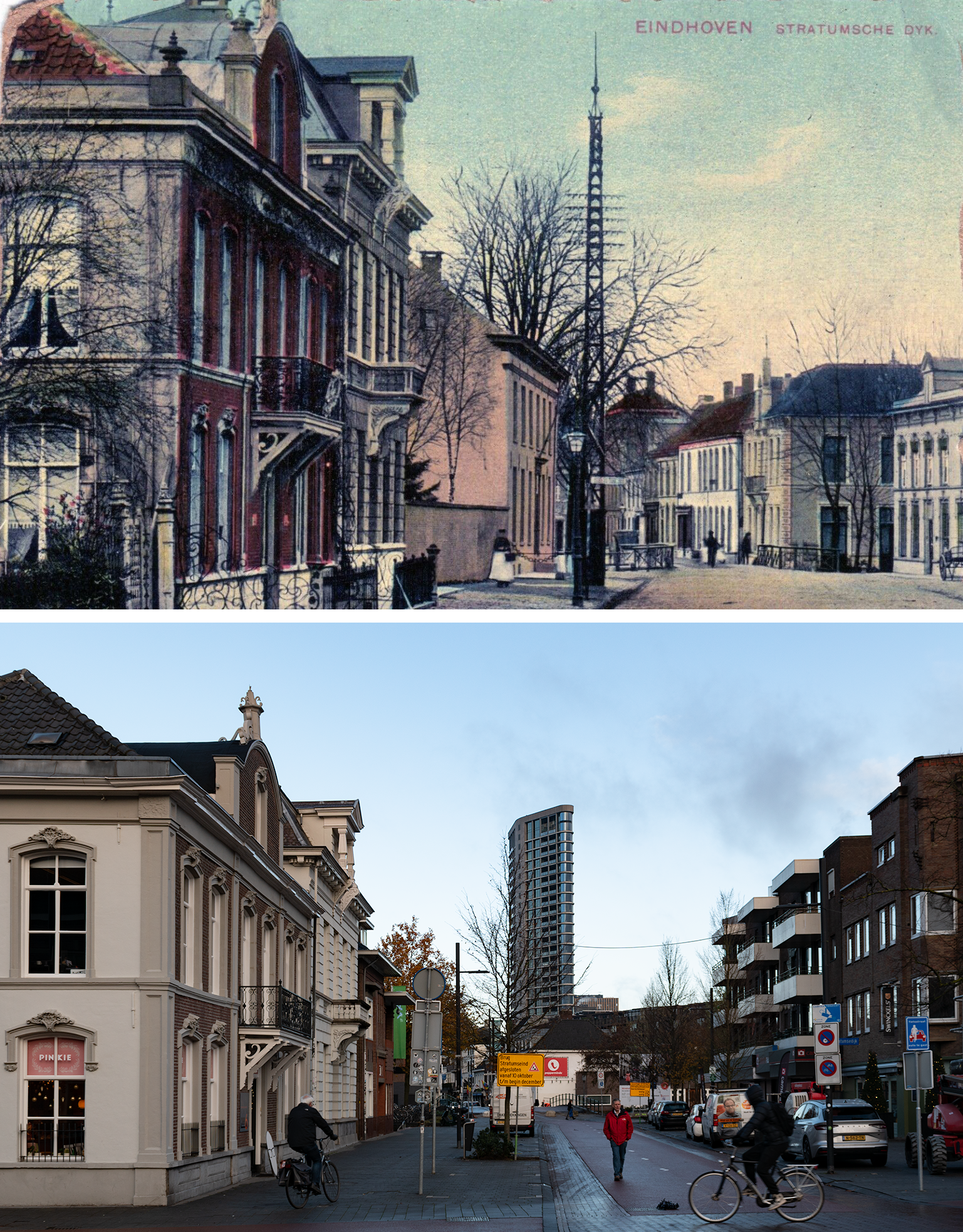 Postcard on top: row of colorful two story buildings on a road with a bridge. Photo on the bottom: two of the small buildings still there, a big tower in the distance, big apartment building on the right, two cyclists. 
