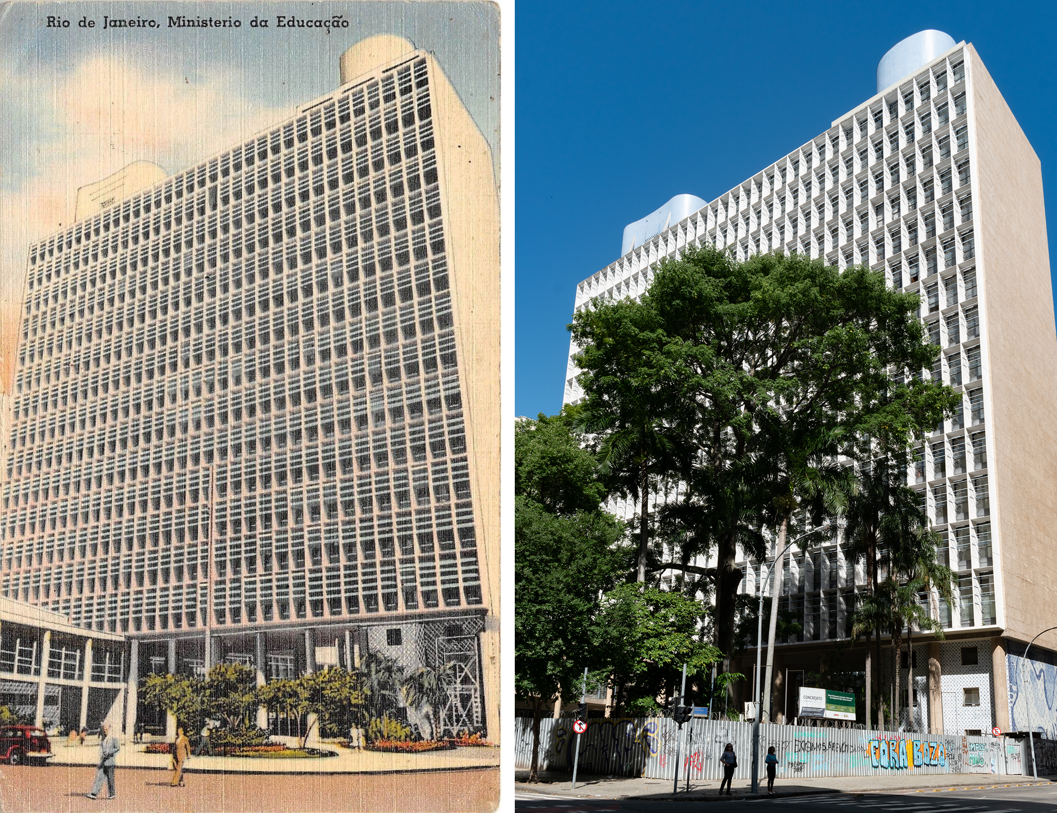 Postcard on the left: linen color postcard, white high-rise with blue shades on the windows on columns raised above the ground level with low plans and two pedestrians in the foreground. Photo on the right: white high-rise with beige limestone sides, big trees, surrounded by a sheet metal fence for repairs, blue water tanks on top.