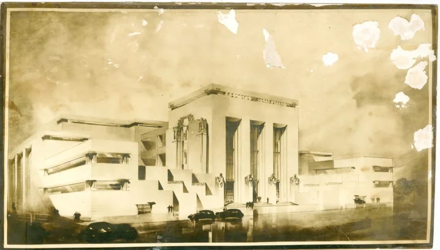 monumental horizontal midrise, temple-like