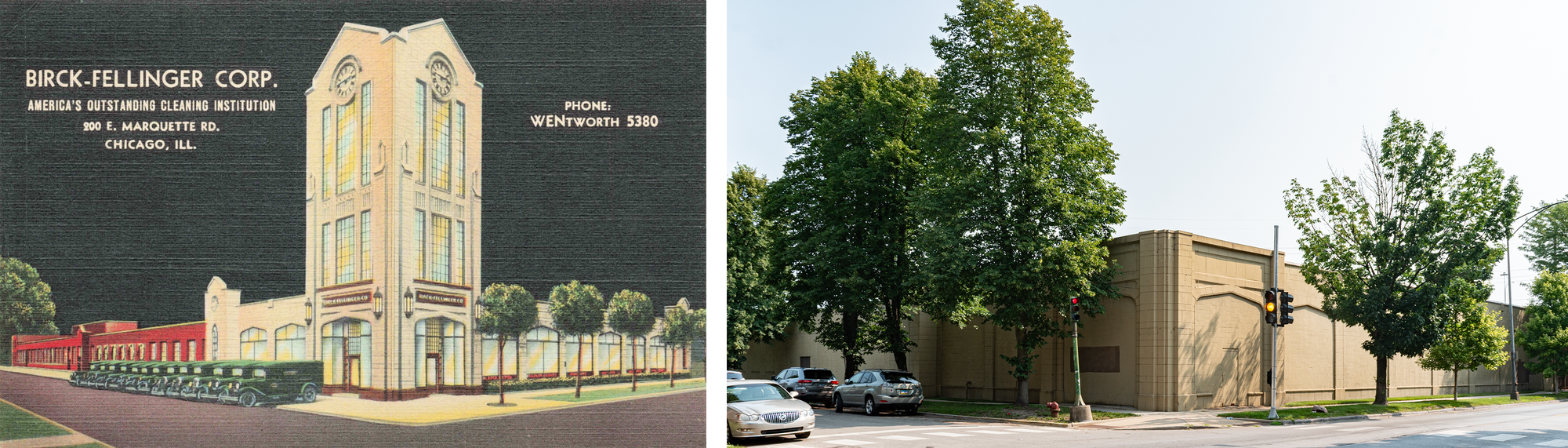 Color linen postcard on the left: night scene, whitish yellow three-story clock tower above a white one-story building with 10 green delivery cars parked next to it, text says Birck-Fellinger Corp. America's Outstanding Cleaning Institution. Photo on the right: tower is gone, all windows bricked in, building painted brownish yellow, bigger street trees.