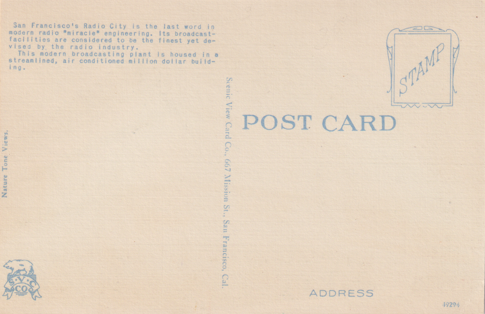 Back of the unused, unposted postcard.