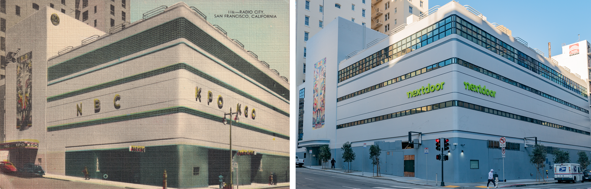 Postcard on the left: color linen postcard, white building with greenish bands of glass block, signs on the white say NBC and KPO and KGO, slightly taller tower portion on the left with a colorful mural. Photo on the right: white concrete building with ribbons of clear glass, colorful mural on the white tower portion, signs say nextdoor in green. 