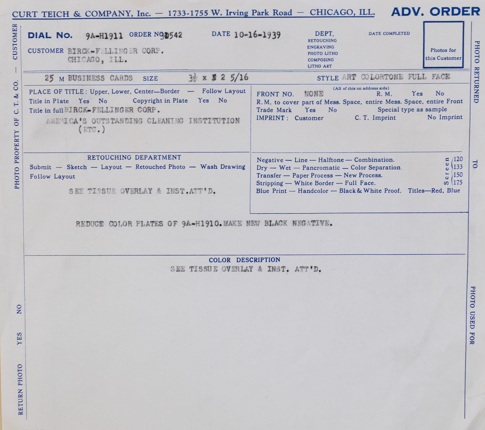 Order file with instructions about the postcard to be printed