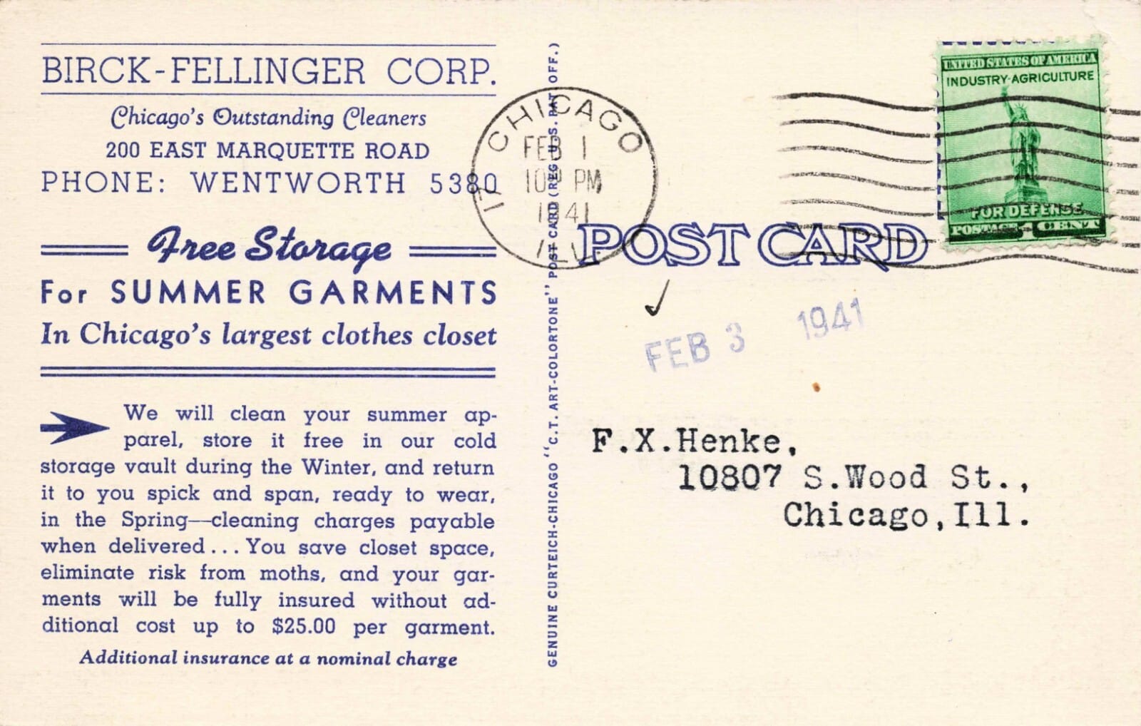 Back of the postcard with ad copy for Birck-Fellinger, postmarked February 1941
