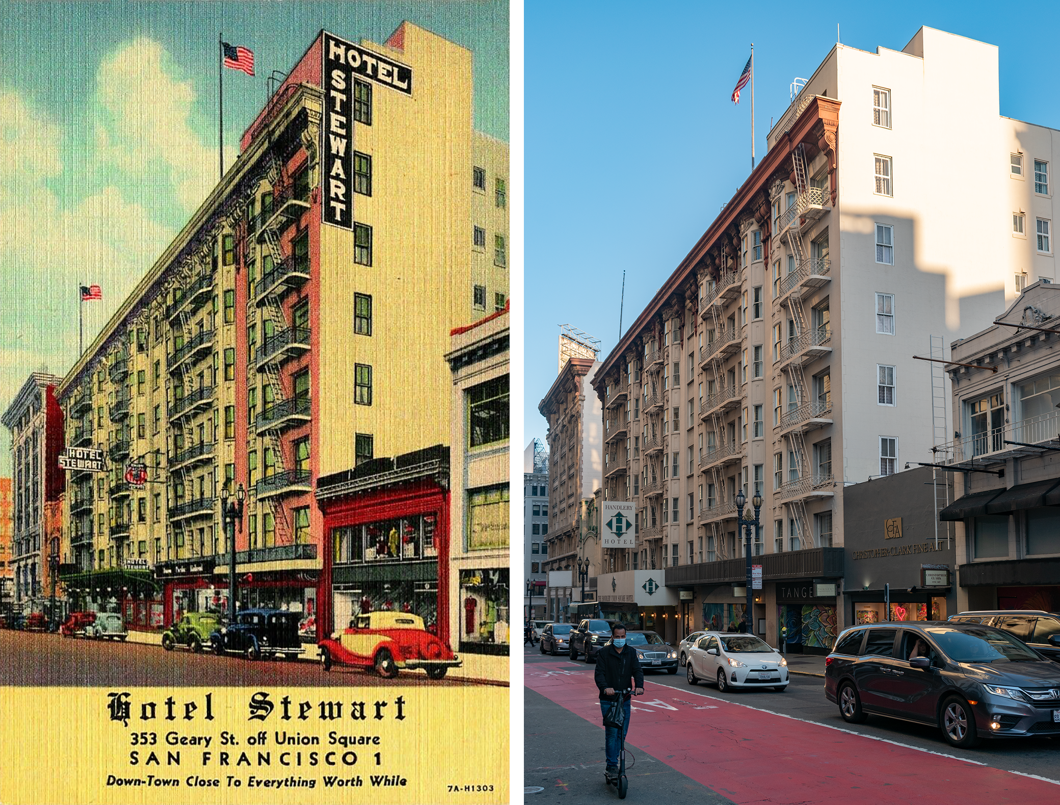 Color linen postcard on the left: an eight story hotel on a street with cars surrounded by other buildings, two USA flags fly on top. Photo on the right: an eight story hotel on a street filled with cars, surrounded by buildings, a man on a scooter wearing a mask on the street, a red painted bus lane.