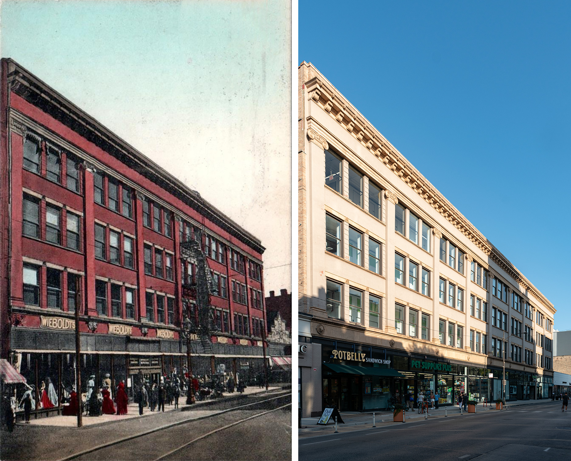 Postcard on the left: red four story building with a bunch of pedestrians on the sidewalk and streetcar tracks in the street, a sign hanging down says Wieboldt's. Photo on the right: building painted beige, signs for Potbelly and Pet Supplies Plus, the upper floors have green and white storage lockers visible in them. 