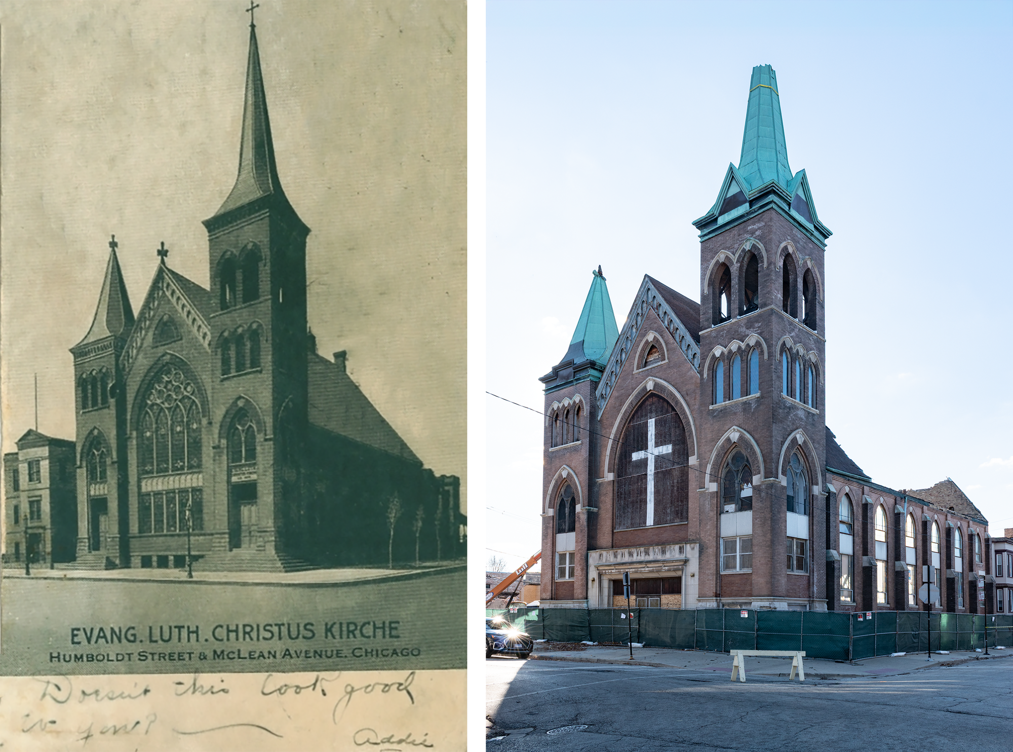 Postcard on the left: black and white, text says Evang. Luth. Christus Kirche, corner Gothic church with two spires (one bigger than the other), a big arched stained glass window in front. Photo on the right: green demolition fencing, the roof is gone, the top of one spire is gone, stained glass window in front is covered with plywood with a white cross painted on it, sawhorse in the street.
