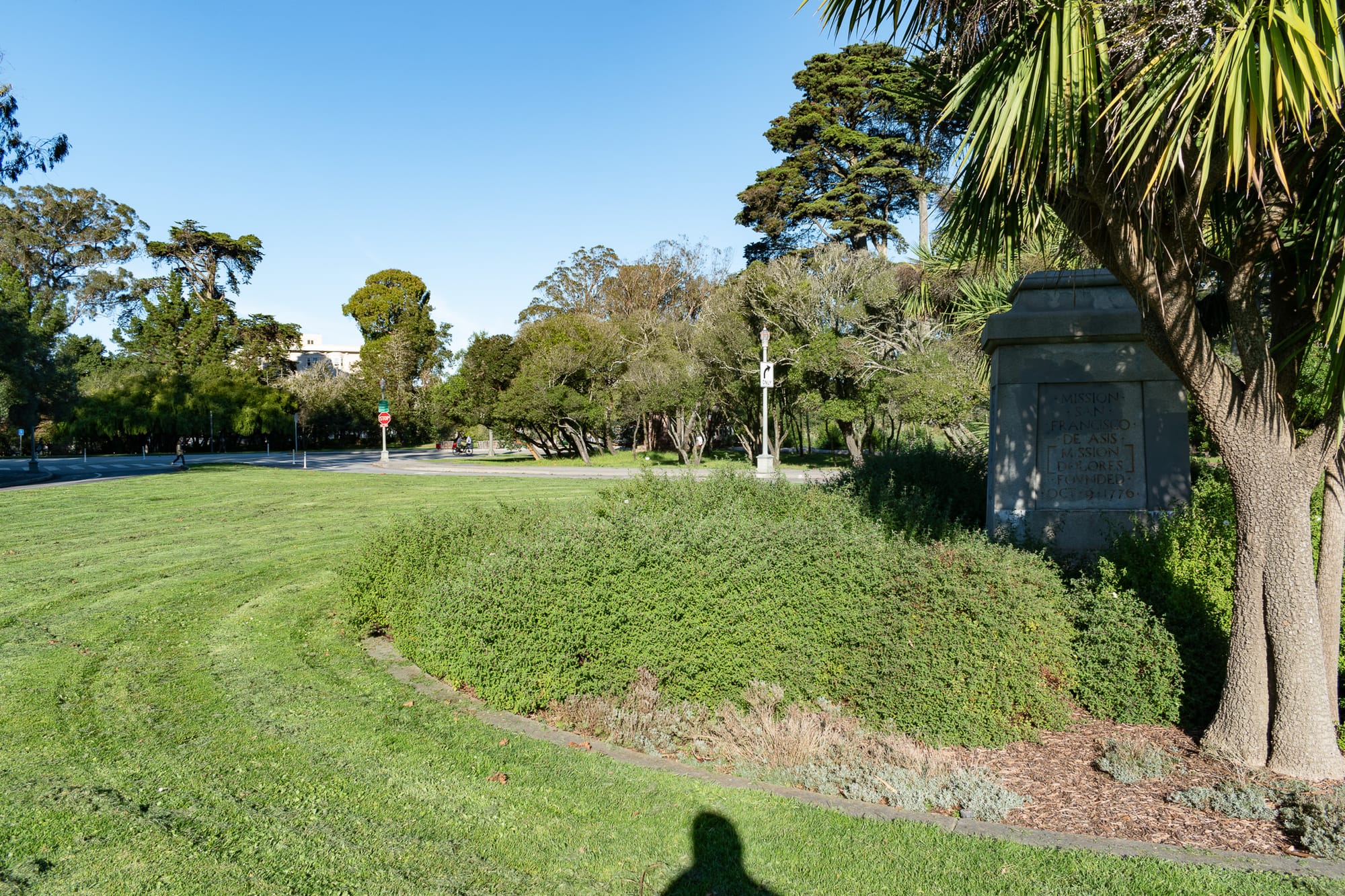 Grass, shadow, empty plinth, road