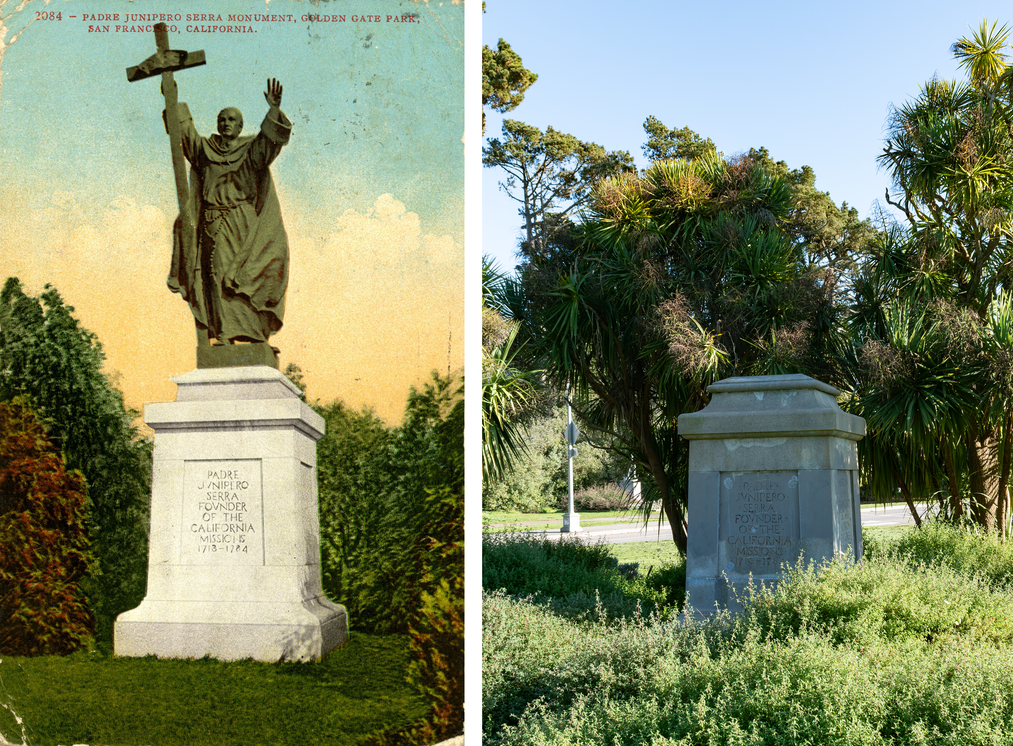 Color postcard on the left: a statue of a priest holding a cross with his arms raised, on the plinth it says Padre Junipero Sera, Founder of the California Missions, surrounded by greenery. Photo on the right: plinth in the shade, no statue, foliage is sparser, more palms, road and streetlight in the background. 