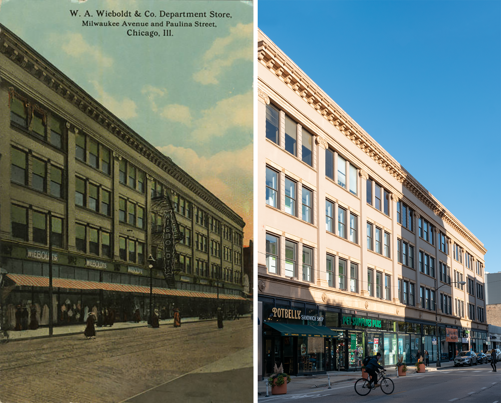 Postcard on the left: greenish color postcard, pedestrians walking in the street, red and white awning, Wieboldt's sign very visible, streetcar tracks. Photo on the right: man on a bicycle, beige/grey building, etc.