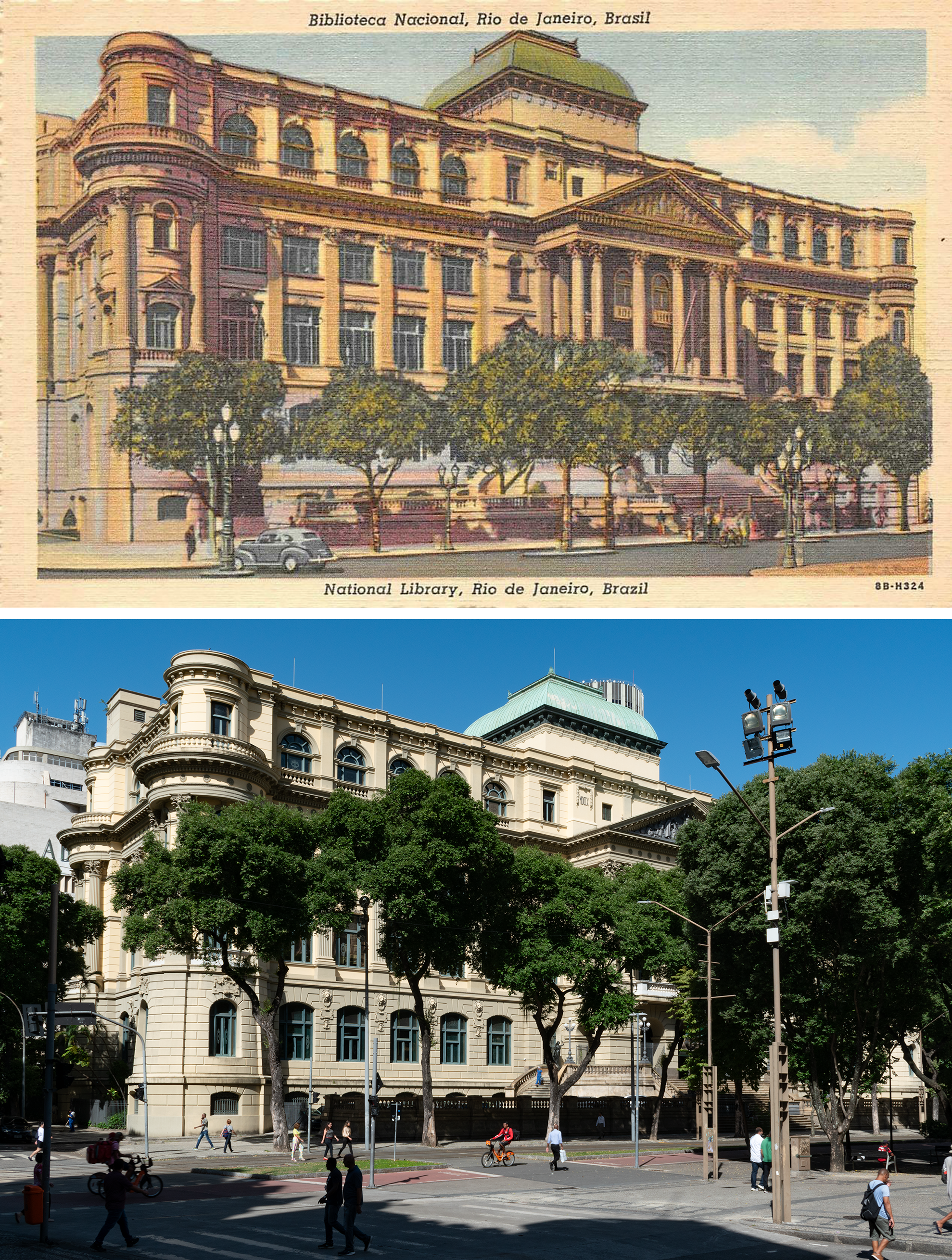 Postcard above: color linen postcard with beige border, an ornate building with columns and a dome on a wide boulevard. Photo below: same building, unchanged, bigger trees, three cyclists on a bike path, no cars.