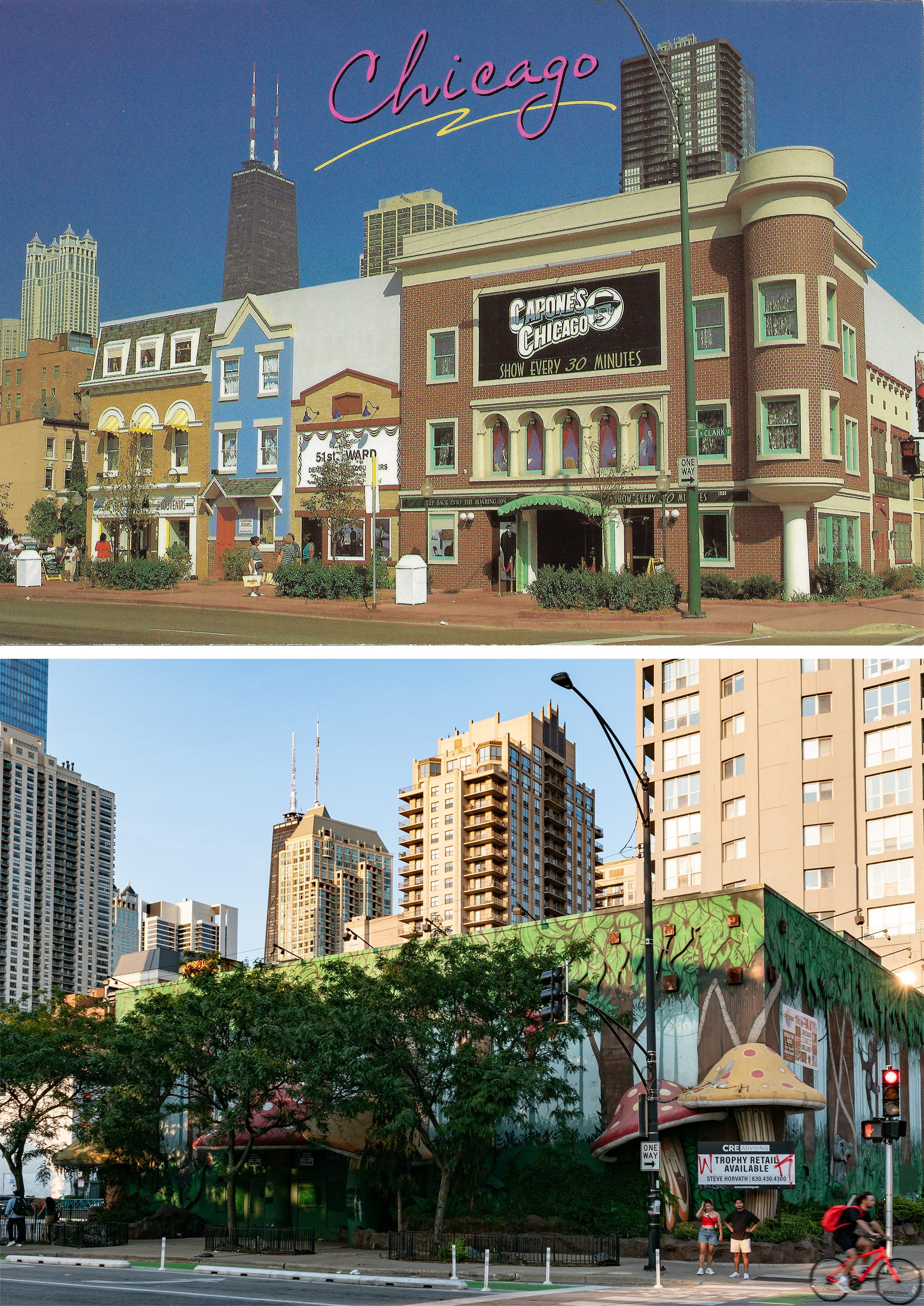 Postcard on top: a colorful bunch of fake Americana facades on a boxy building, sign says Capone's Chicago, four tall buildings in the background including the Hancock. Photo below: facade covered in painted trees, giant colorful mushrooms protruding, a green-painted protected bike lane as somehow bikes past, many tall buildings (mostly beige) in the background, a "TROPHY RETAIL AVAILABLE" sign.