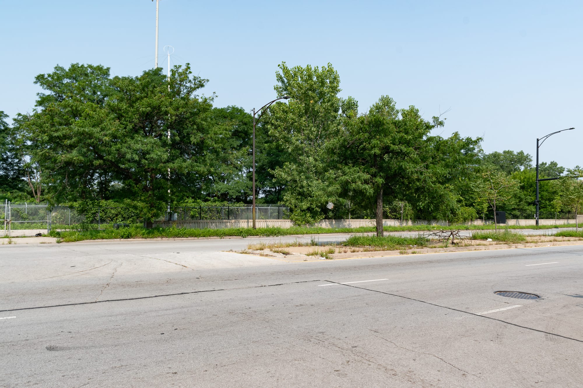 A scruffy median on a street that's way too wide.