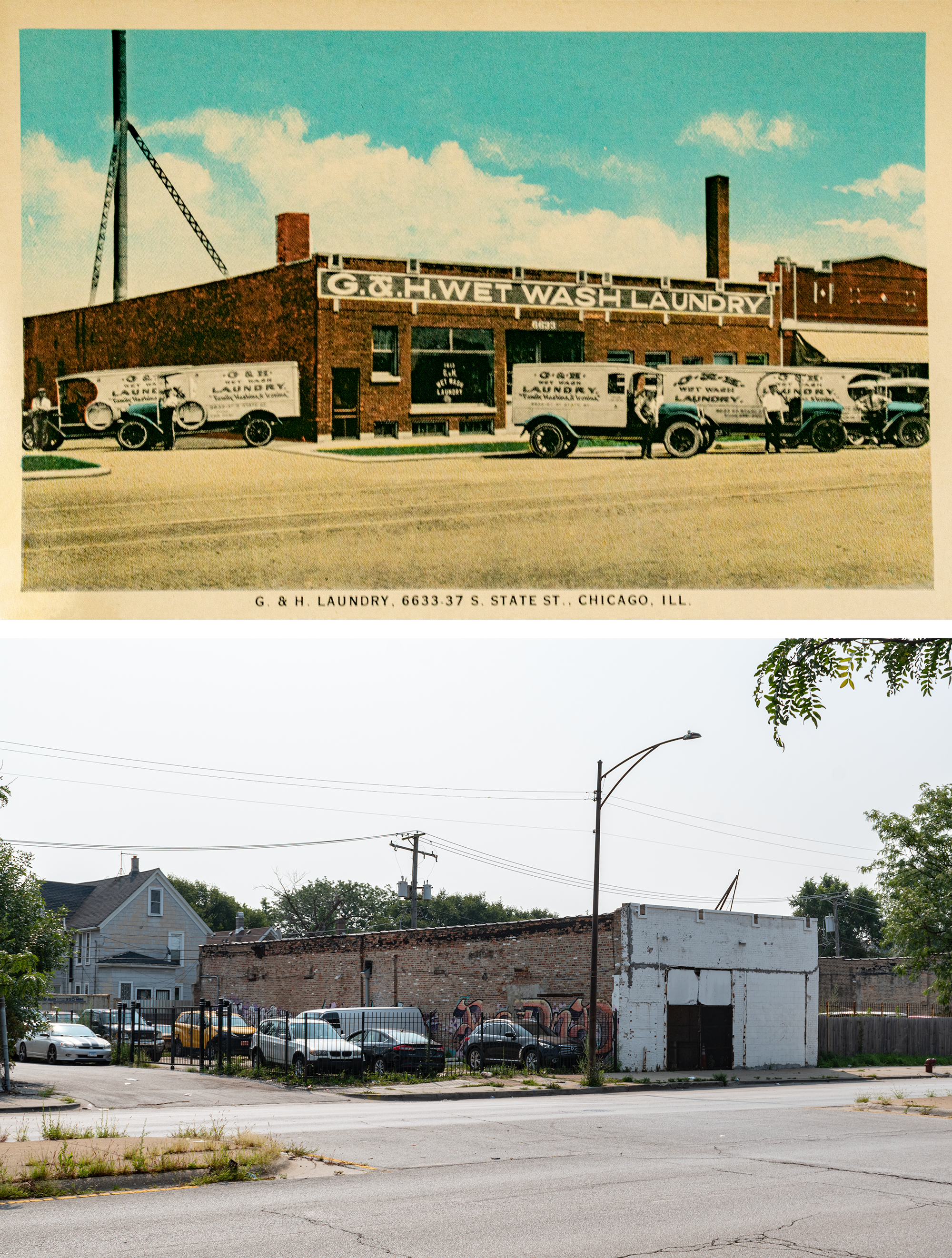 Postcard on top: single-story red brick building on a street, painted sign "G & H Wet Wash Laundry" just under the roofline, metal smokestack, two brick chimneys, four G & H vans parked out front, red brick building next door. Photo below: most of the building gone, brick painted white on the street-facing facade, Chicago Common brick exposed after the demolitions, cars stored in the empty lot, no chimneys, graffiti.
