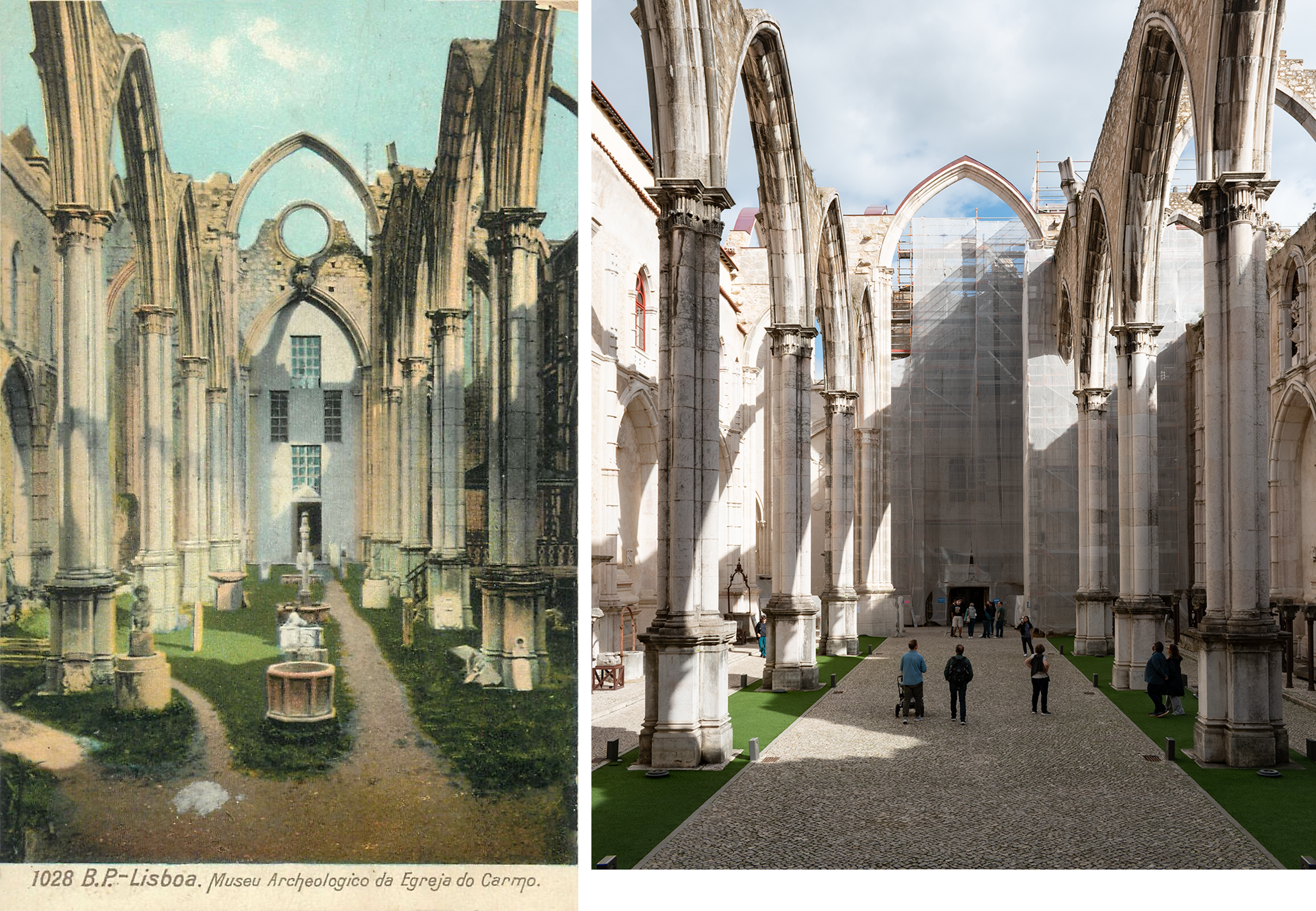 Postcard on the left: looking down the nave of a church ruin, no roof, fountains and other stoneware in the nave, grass on the ground. Photo on the right: columns, the ground is now paved with pavers, tourists walking, still no roof.