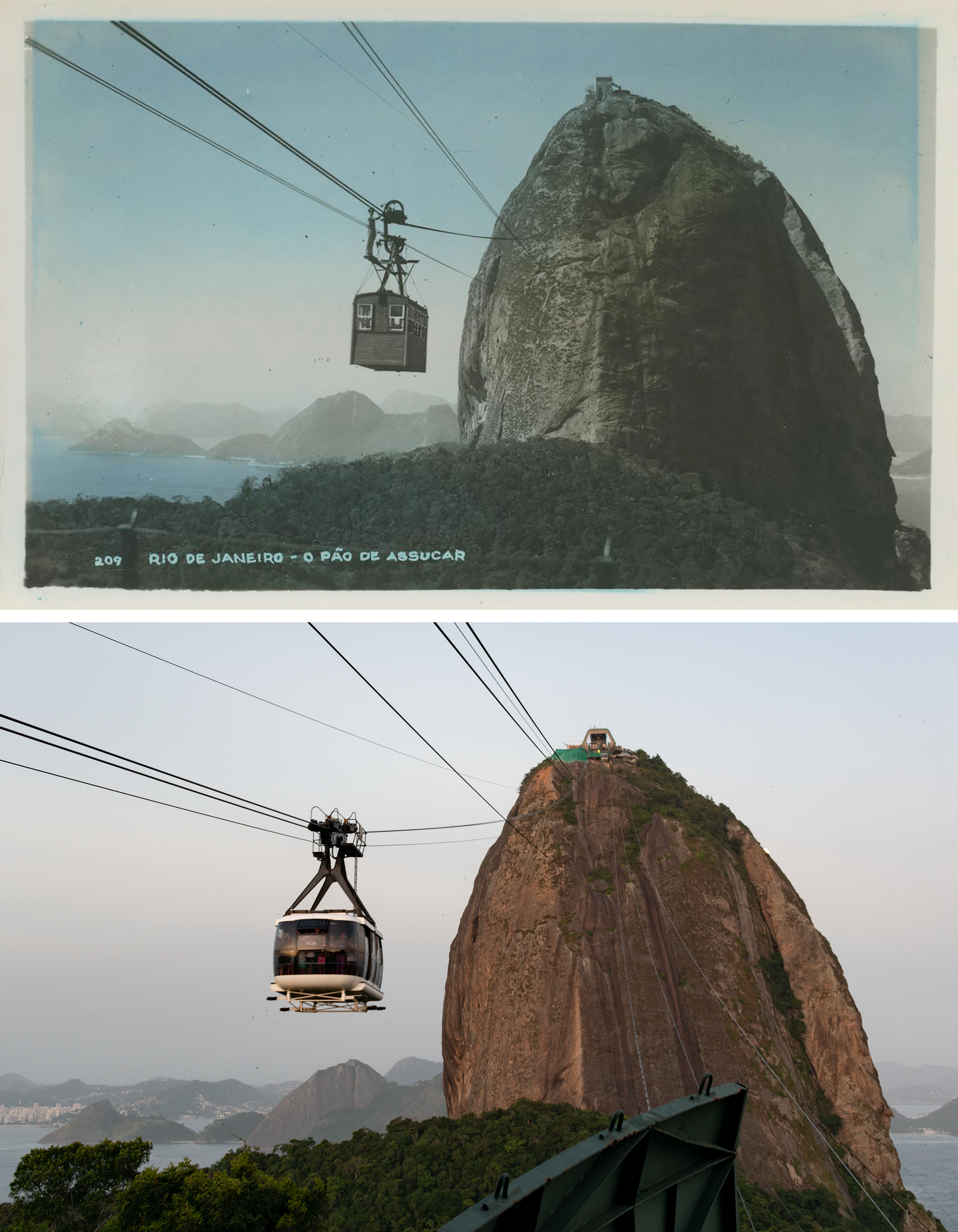 Postcard above: tinted greenish blue, small wooden car on a cable, with the dome of Sugarloaf behind, hills across the Guanabara Bay, a man stands on the roof of the cablecar. Photo below: white metal cable car hanging from a wire, brownish stone of Sugarloaf behind, green hills, white buildings across the bay.