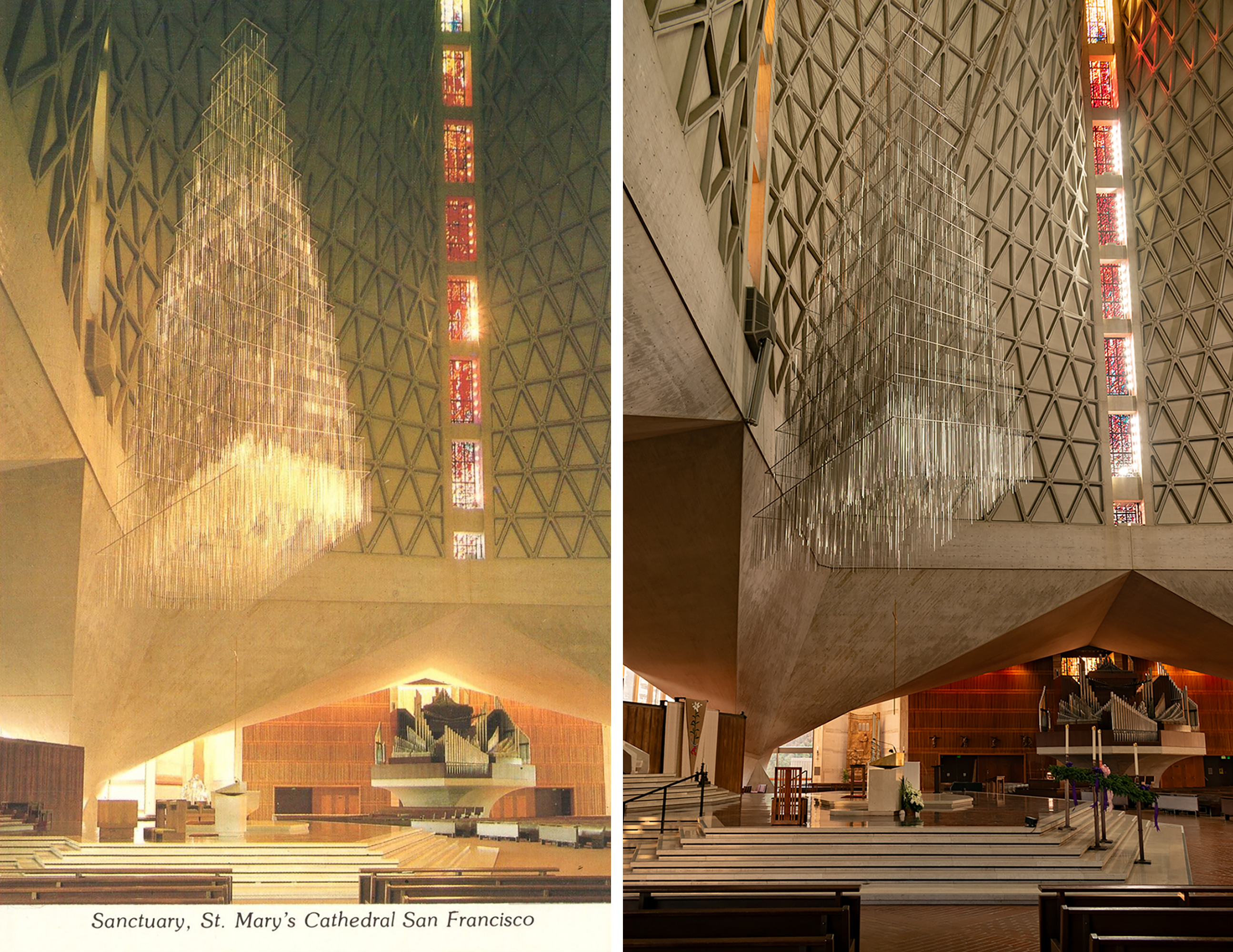 Photo postcard on the left, a shimmering metal thing hanging down from a concrete sanctuary above an altar with a big organ in the background. Photo on the right looking basically the same. 