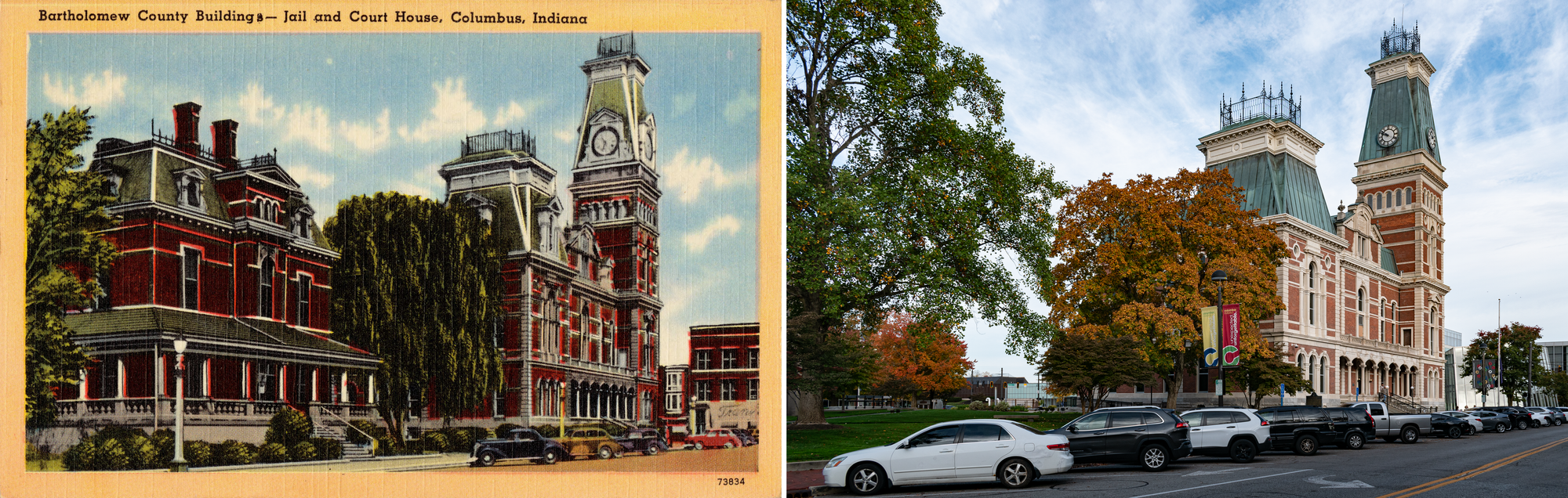 Color linen postcard on the left of an ornate red brick and white and green building with a tower with a clock and a shorter building next to it with a wraparound porch. Photo on the right, bigger building looks basically the same, the smaller building is gone.