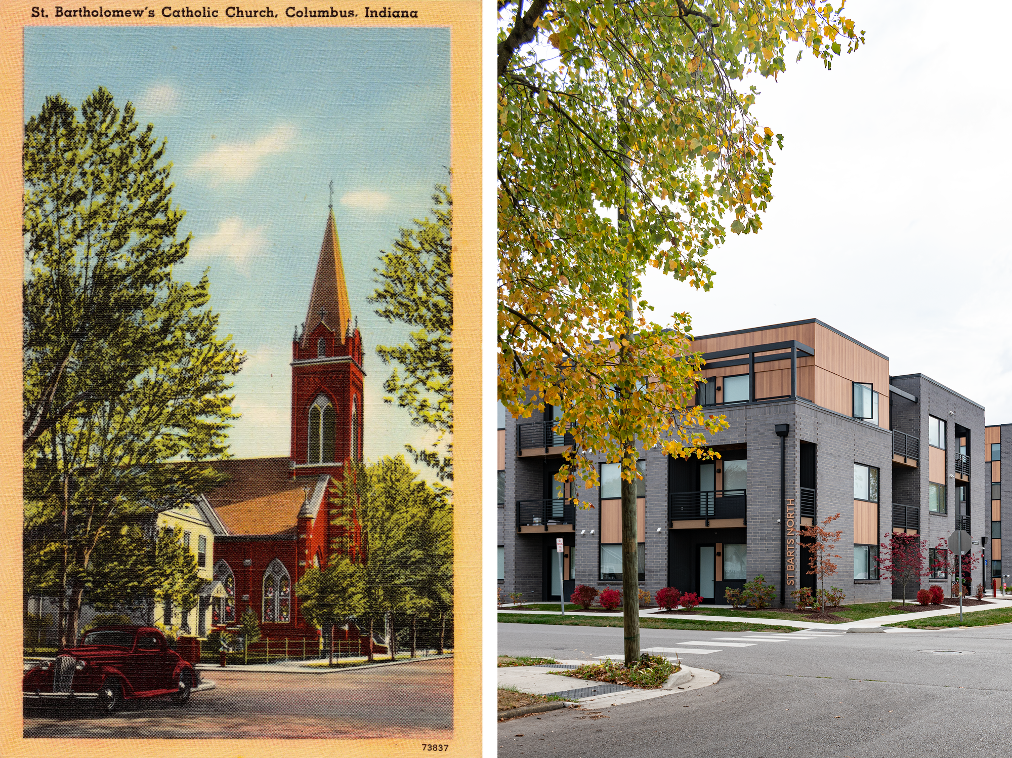 Linen postcard on the left: a red car in the foreground, then a white two story house on the corner, then a red brick church with a central steeple and stained glass windows. Photo on the right: the entire block has been replaced by three story apartment, grey brick unit and fake wood.