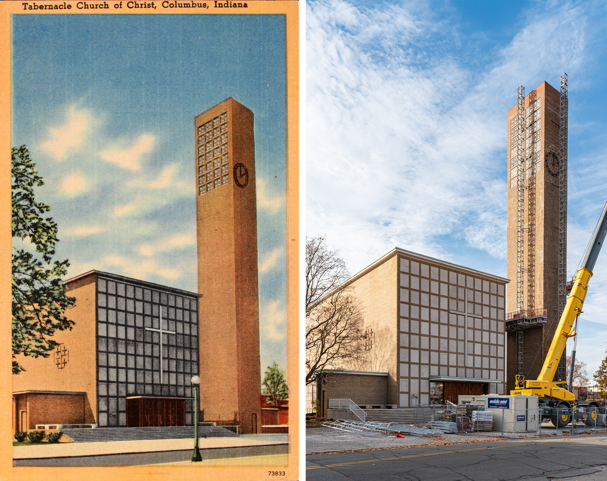 Color linen postcard on the left: a church building with a front facade made up of beige squares next to a tall buff brick tower, a clock on the tower. Photo on the right: everything look the same but there's a crane and scaffolding on the tower, it's being restored. 