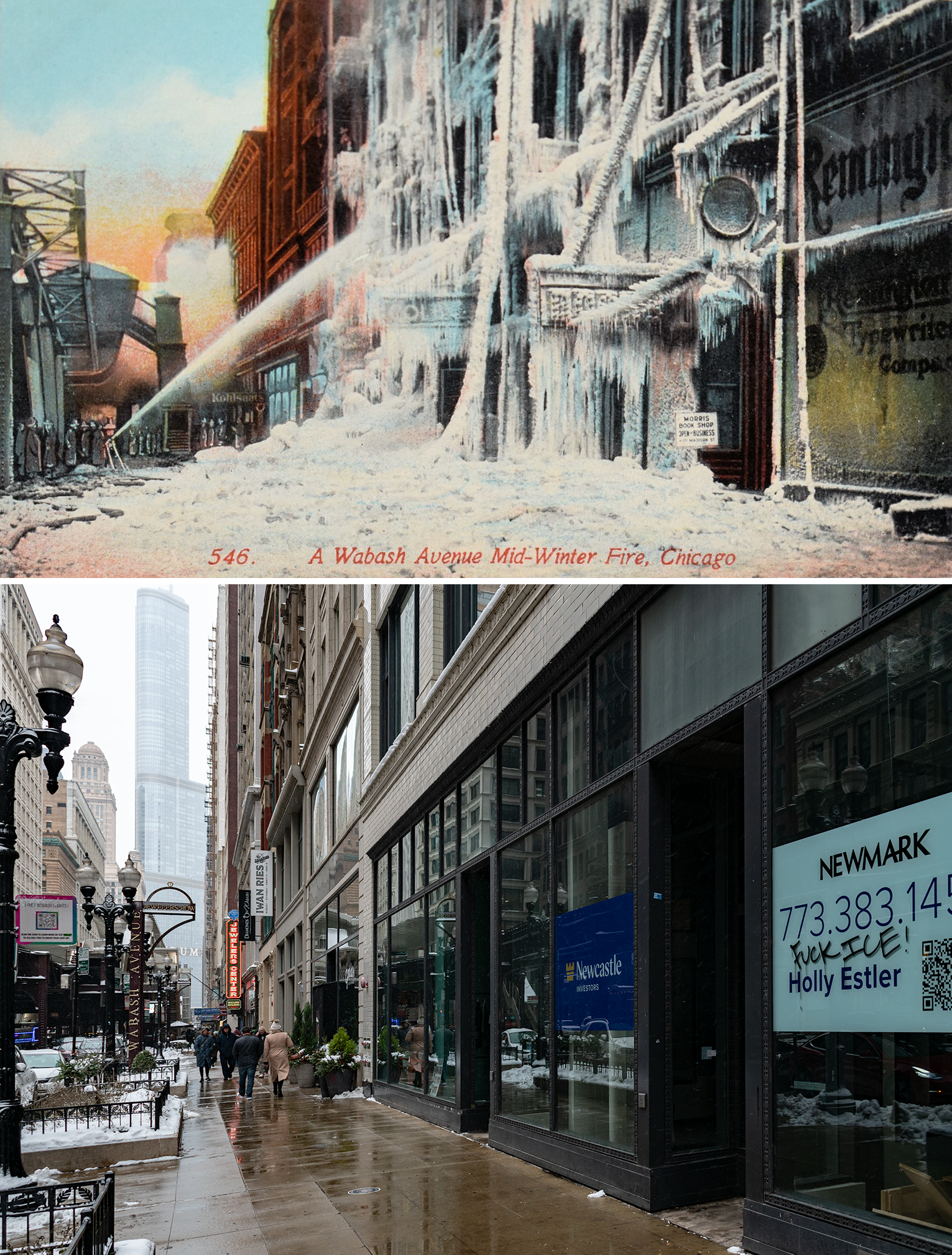 1908 color postcard on top: firefighters spray a jet of water on an ice-covered four story building with the L structure to the left. 2026 photo below: snow, people walking down the street, L structure there, sign on the big glass windows of a vacant retail space says "FUCK ICE".