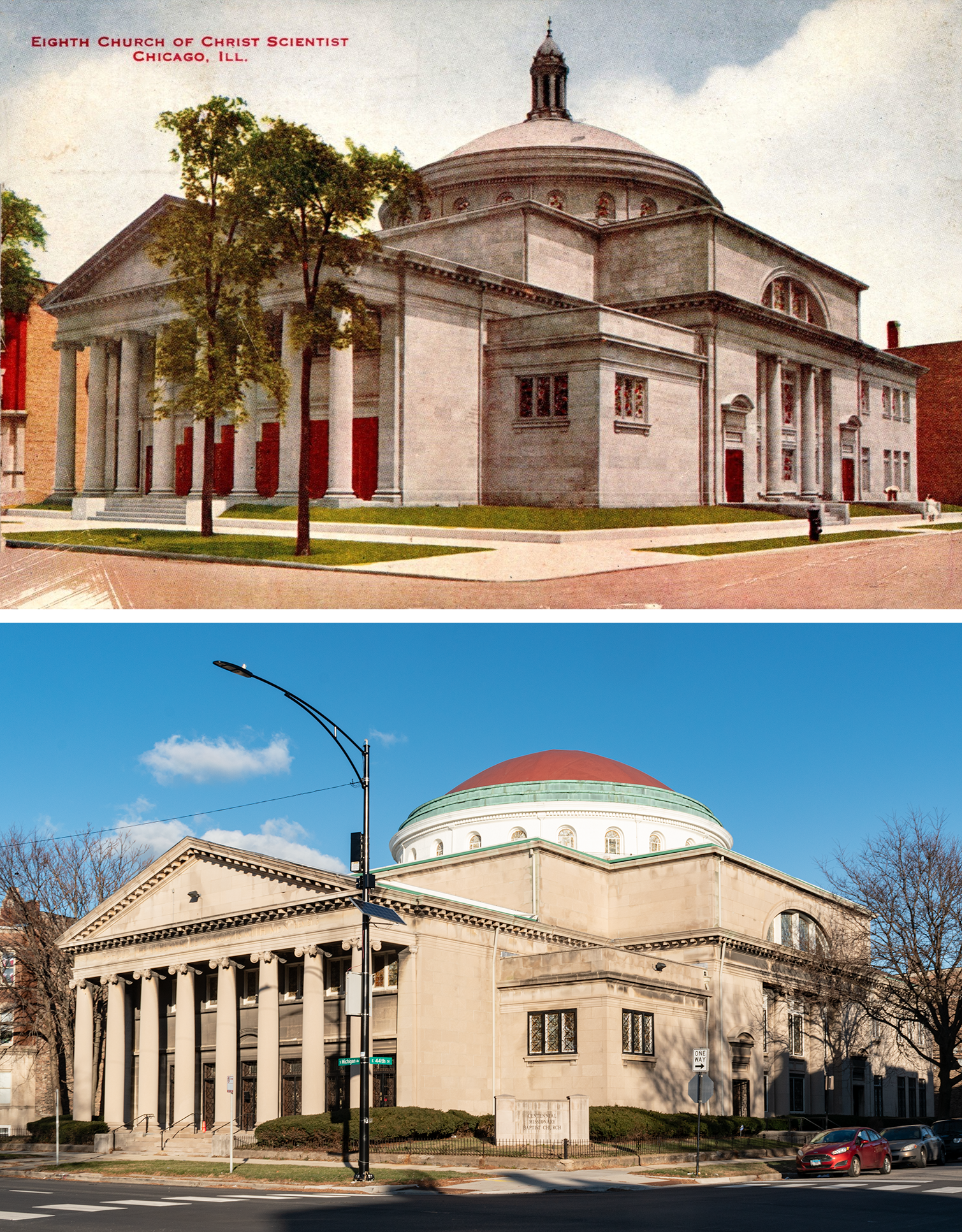 Postcard on top: a neoclassical columned church on a corner with a big dome topped by a cupola. Photo below: church looks much the same, the cupola is gone. 