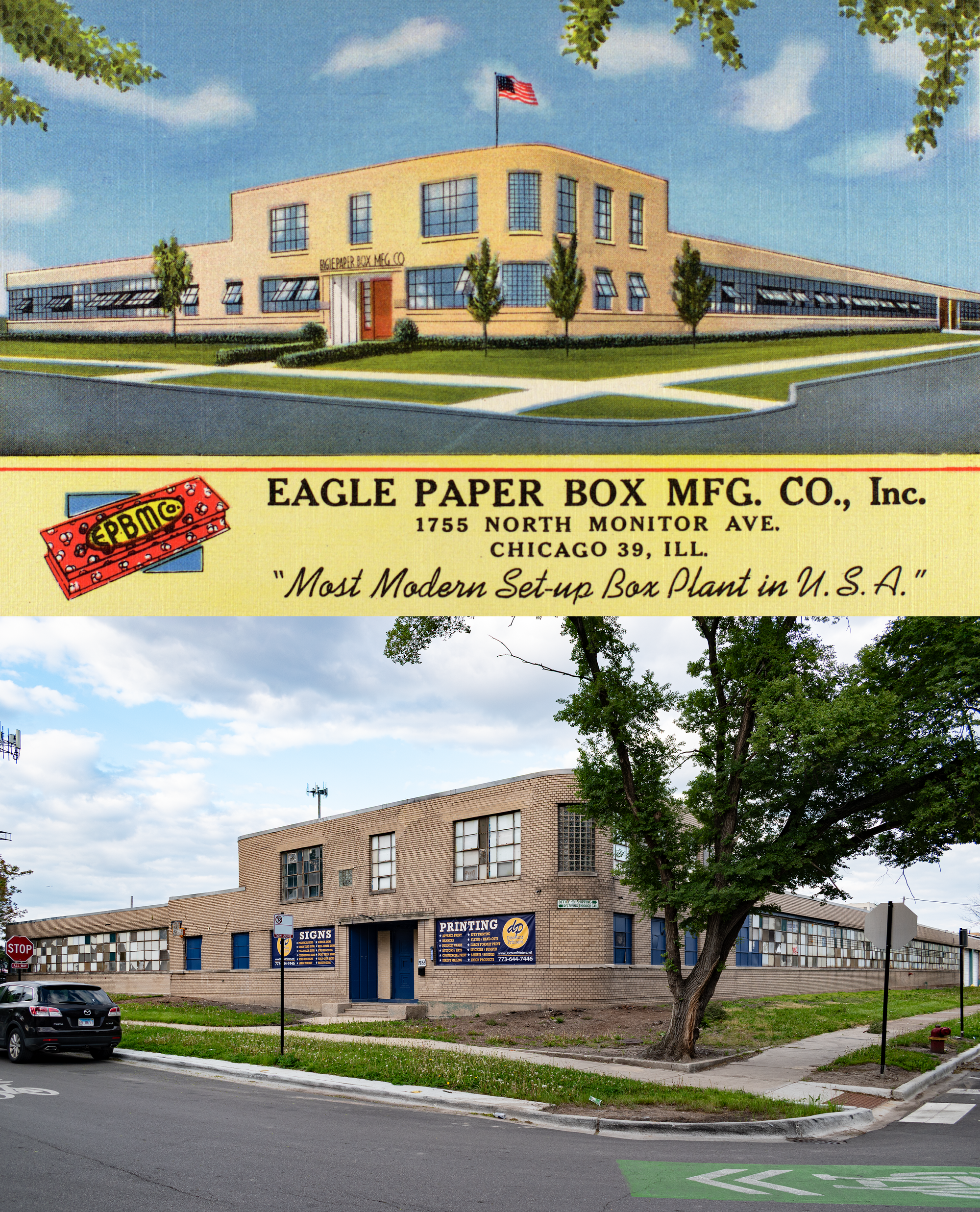 Color linen postcard above: a yellow one and two story building, very horizontal, with a flag flying, text says Eagle Paper Box Manufacturing Co. "Most Modern Set-Up Box Plant in USA". 2026 photo below: building looks similar, big tree on the corner, broken and filled in windows, bricks cracked and bulging.