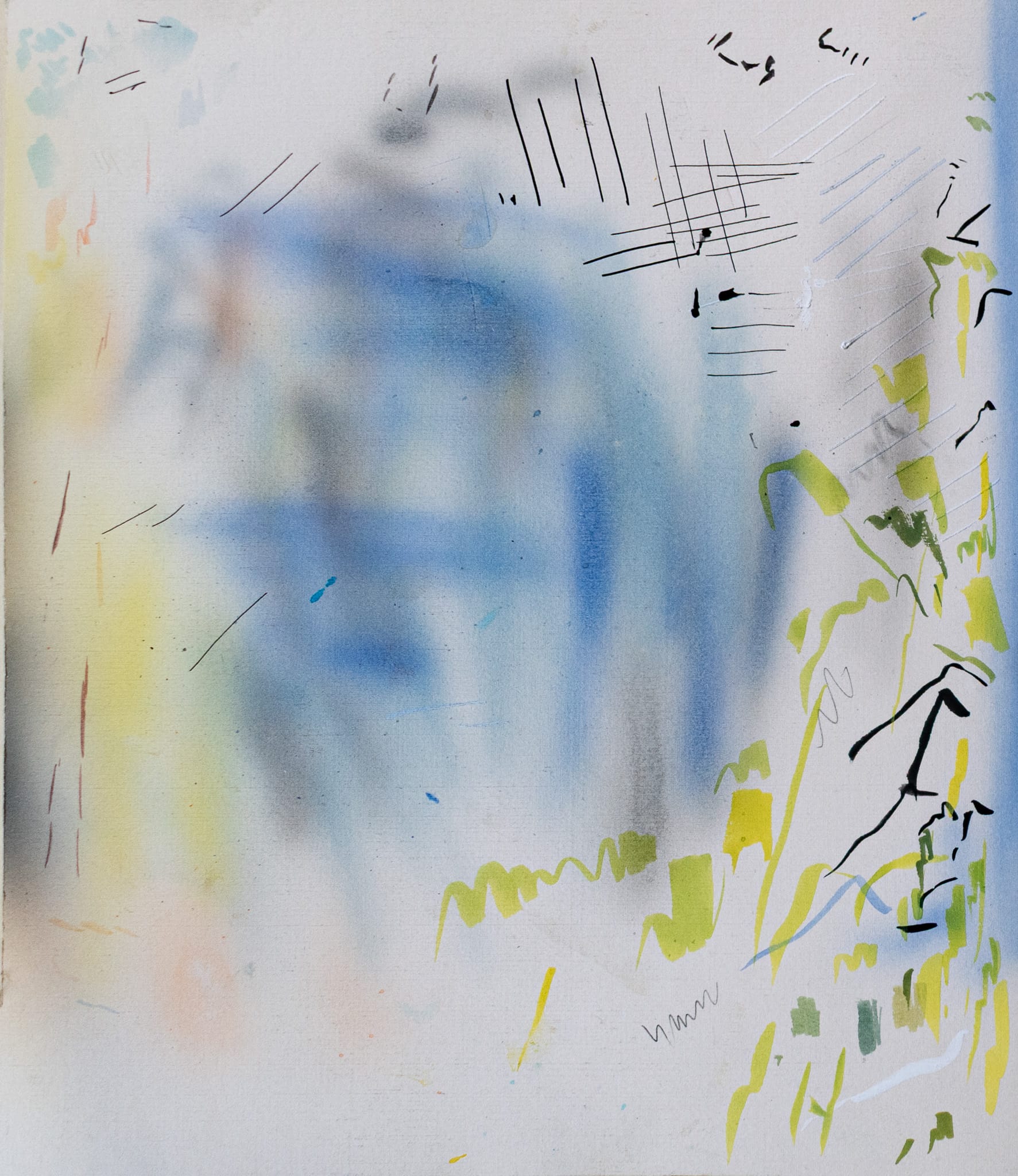 Blue and yellow and black ink smears and black markings and cross hatchings and squiggles, like a Cy Twombly almost