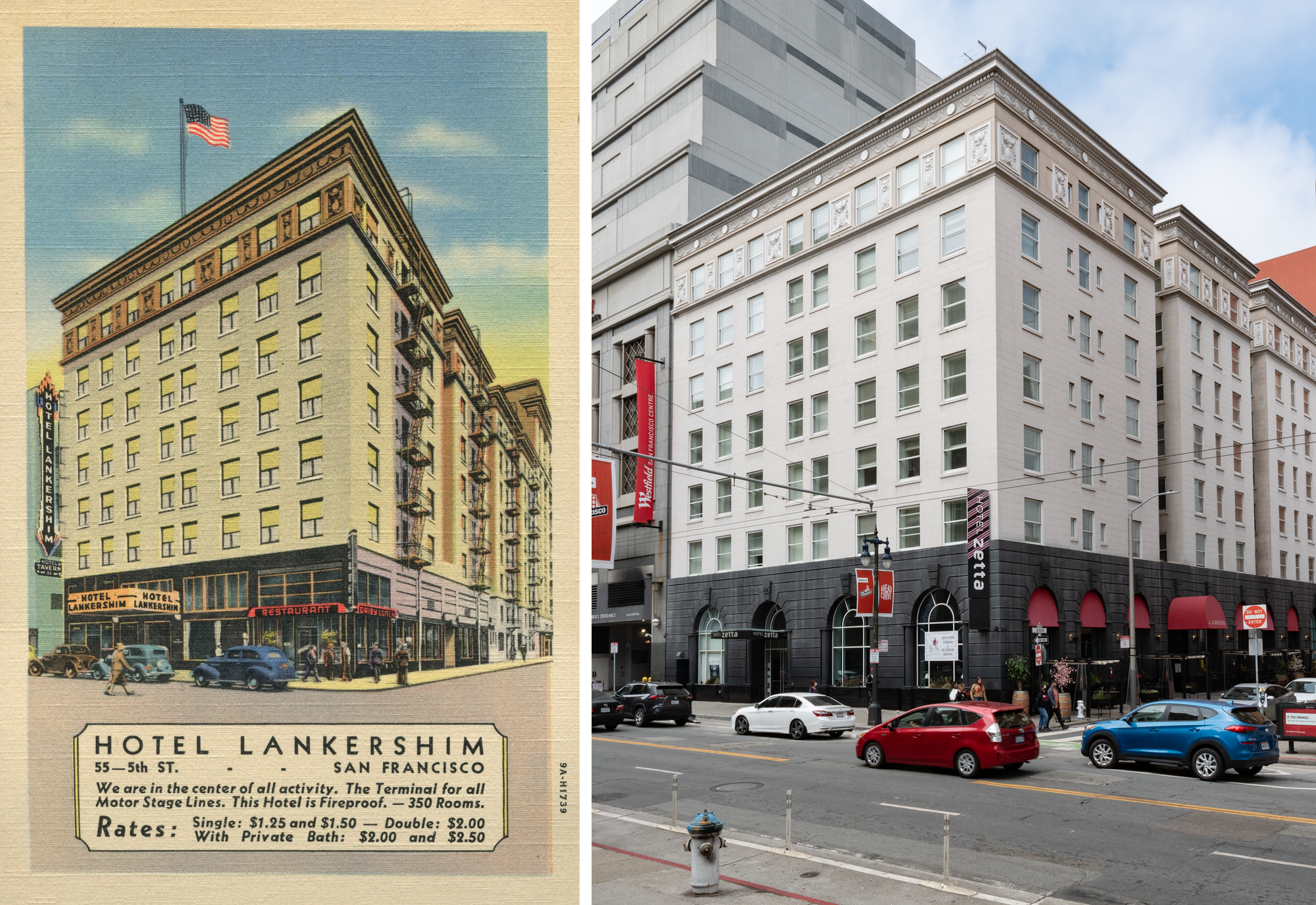 Color linen postcard on the left: a chunky seven story building with a black ground floor and a blade sign and the six upper floors are yellow, pedestrians milling on the corner, parked cars, graphic in the foreground has prices for rooms. Photo on the right: building is now grey with a charcoal colored first floor, smaller canopy, no blade sign, no fire escapes.