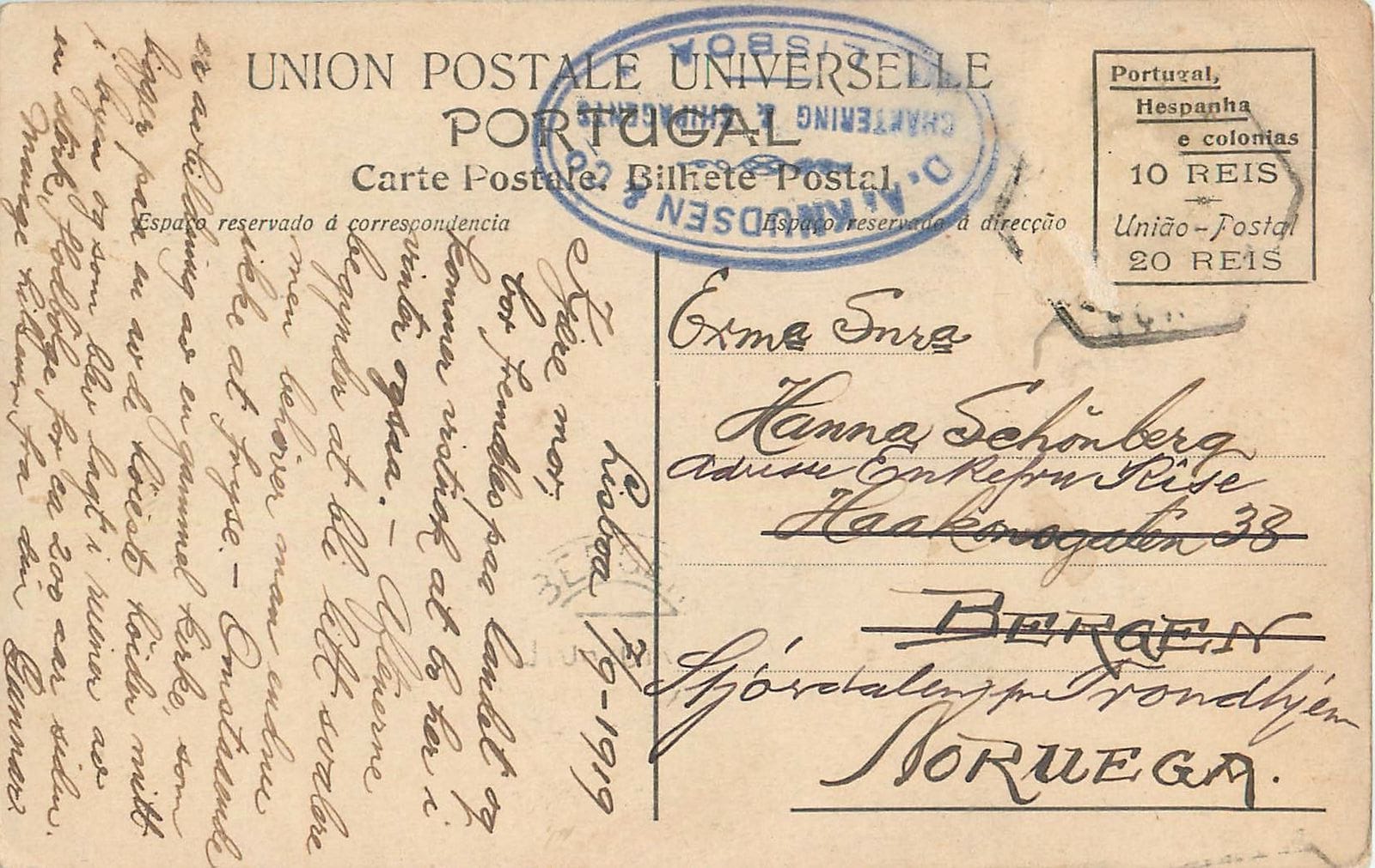 Back of the postcard with text, postmarked 1919