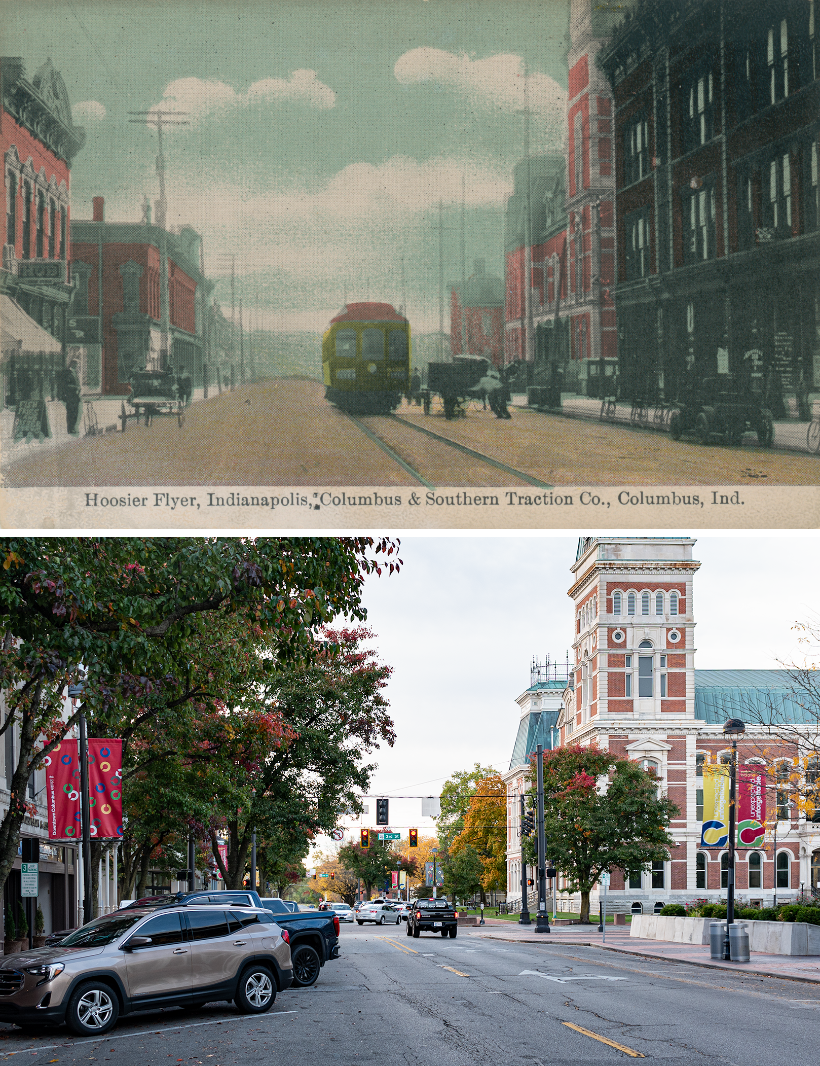 Postcard above: a single car streetcar goes down a street with horse carriages, the Bartholomew County Courthouse visible in the background, masonry buildings on both sides of Washington Street. Photo below: no streetcar tracks, big pickup trucks, diagonal parking, some of the brick buildings demolished.