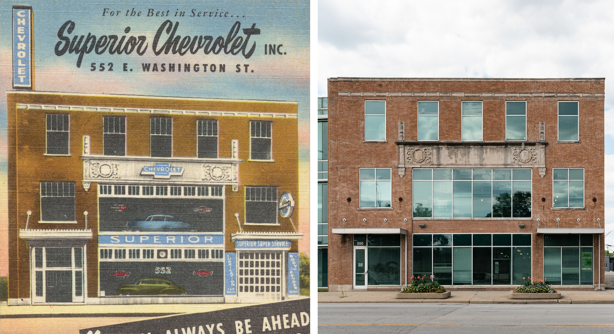 Color linen postcard on the left: a three story brick building with two massive windows on the first and second floor with automobiles in the them, the chimney above says Chevrolet. Photo on the right: three story brick building, no signage no chminey, two concerete planters in front, greenish glass.