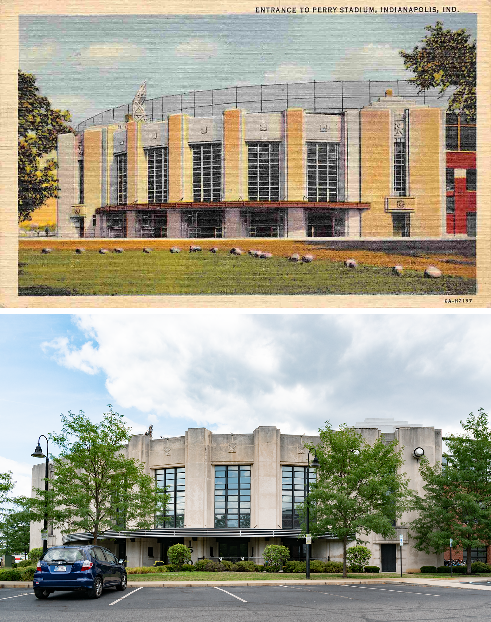 Color linen postcard above: curving art deco stadium with alternating yellow and grey bands, a canopy over the entrances, light standard poking up above the grandstand. Photo below: the facade is all beige limestone, a parked blue car, more green grass.