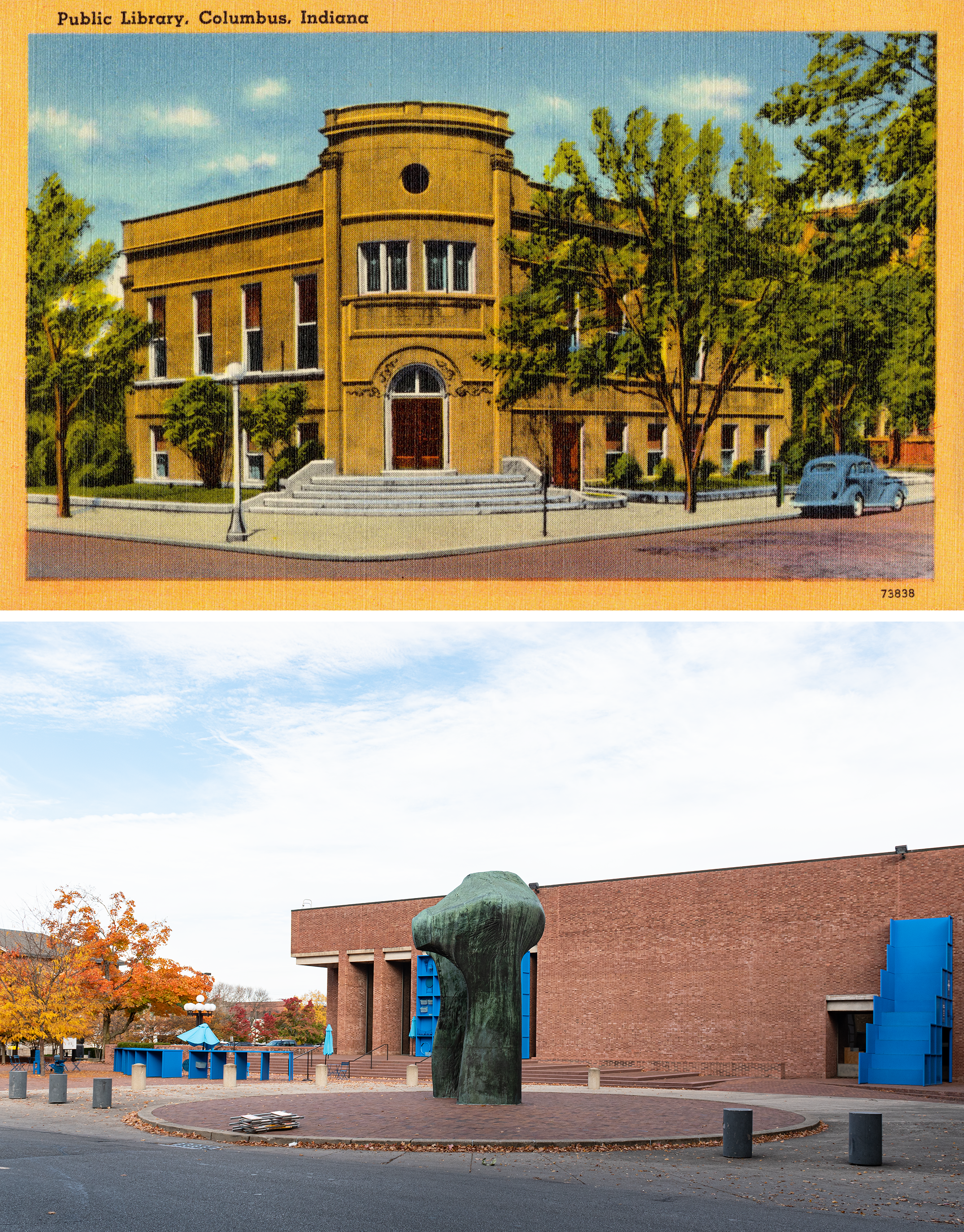 Color linen postcard on the left, yellow border, a two story yellow masonry building on a corner, the building curves as it meets the corner, steps, a parked car. 2023 photo on the right: a green patina'd bronze sculpture stands in a circular paver plaza with a large red brick rectangular building behind it, there's cobalt blue features leaving against the buiilding.