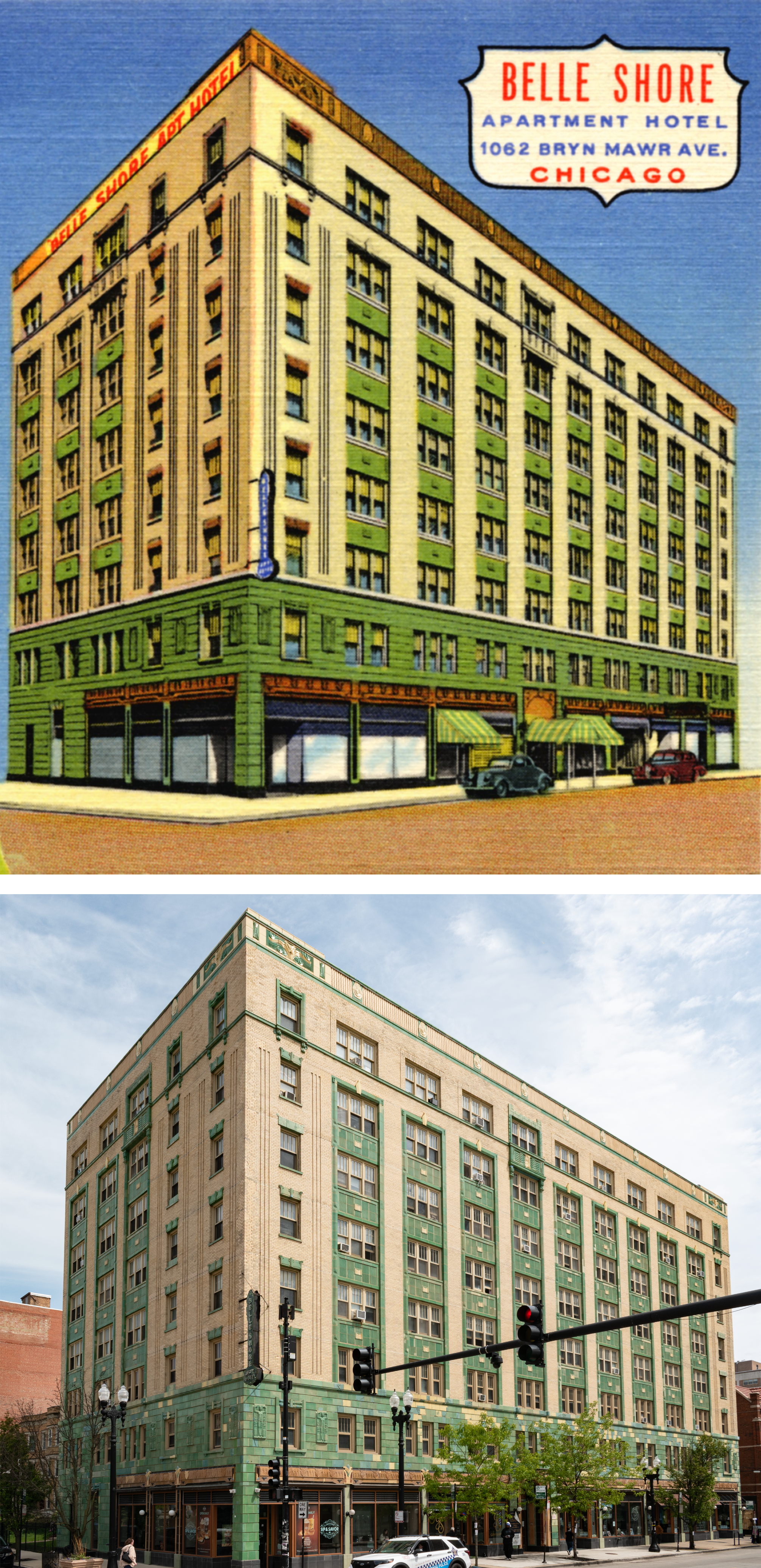 On top: color linen postcard of an eight-story yellow and green building on a corner, two parked cars, text bubble on the upper right says "Belle Shore Apt. Hotel". Photo below: yellow and green building on a corner, one cop car parked in front, small street trees.