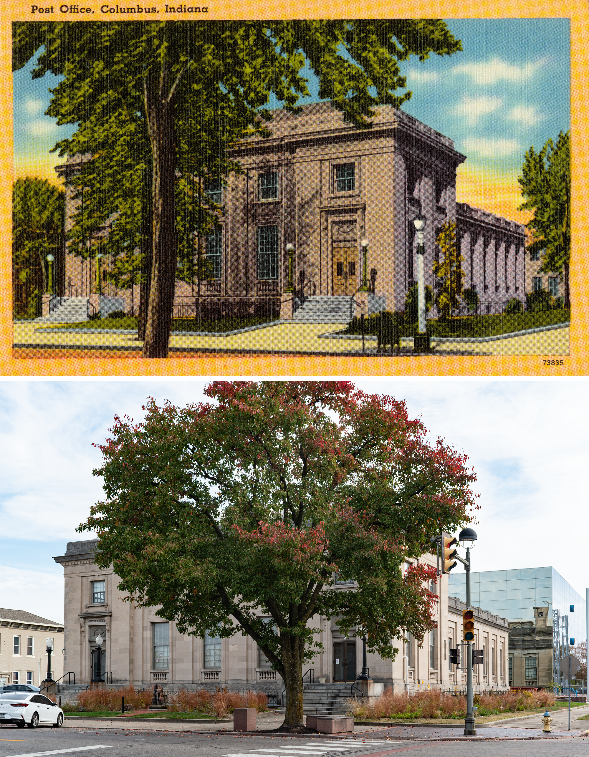 Linen postcard with a yellow border above: a two story grey stone neoclassical post office building with trees and lampposts in the foreground, two entrances of big steps. Photo below: it looks basically the same, there is one tree with a bench, it's fall so the trees leaves are red, there's a weird reflective glass building in the background.