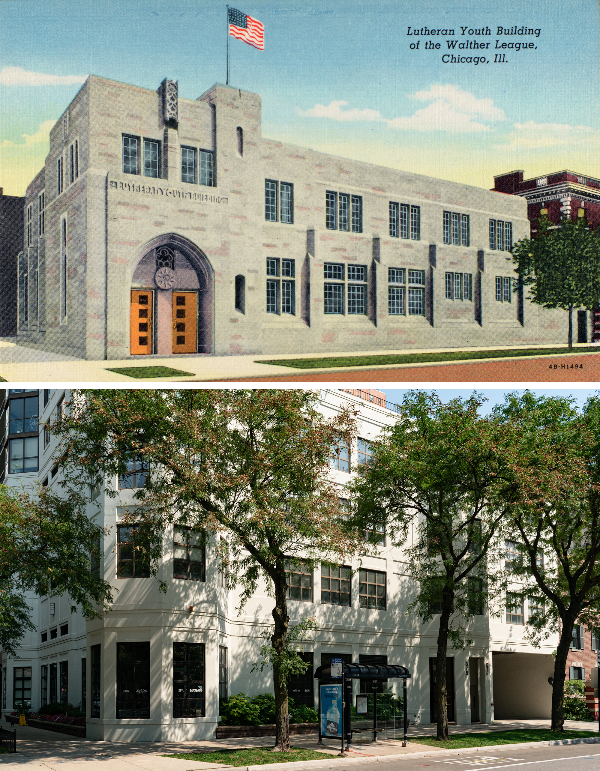 Color linen postcard on top: a two-story grey stone building with an incised title in the facade, "Lutheran Youth Building", American flag is flying, a bit of red and white brick building is visible on the far right. Photo below: 1980s concrete building stands where the stone building was, there's a bus shelter in the foreground, bigger trees, a bit of brick from the surviving neighbor is still there.