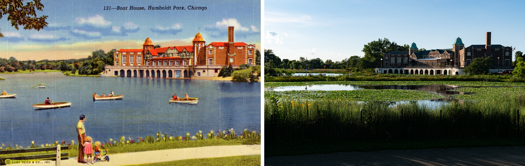Linen postcard on the left: big blue body of water with five dinghies being rowed on it, a man and two small children watch them from a pathway, there's a building with arches and half gables on the water in the background. 2026 photo: building is still there and looks the same, the lagoon is smaller and greener with no rowboats, it's full of lily pads and reeds and is very green and lush.