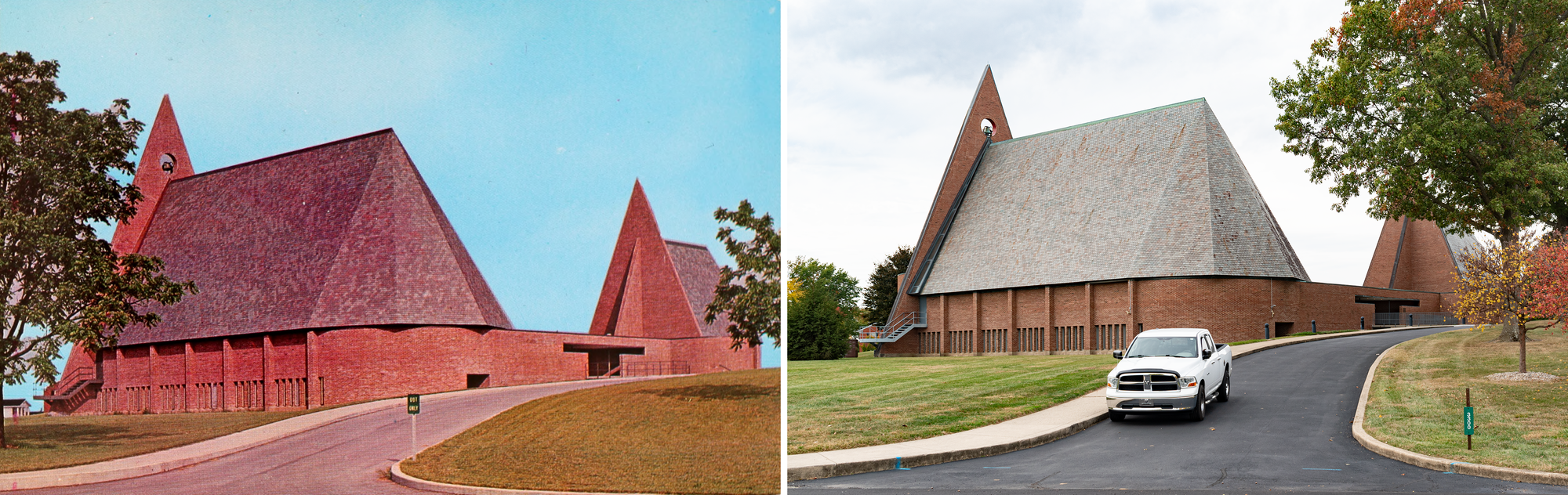 Real color photo postcard on the left: a red brick and grey slate church on a grassy hill, a lot of triangles, a curving road. Photo on the right: looks the same, sky is overcast, a big steroidal white pickup truck parked in front.