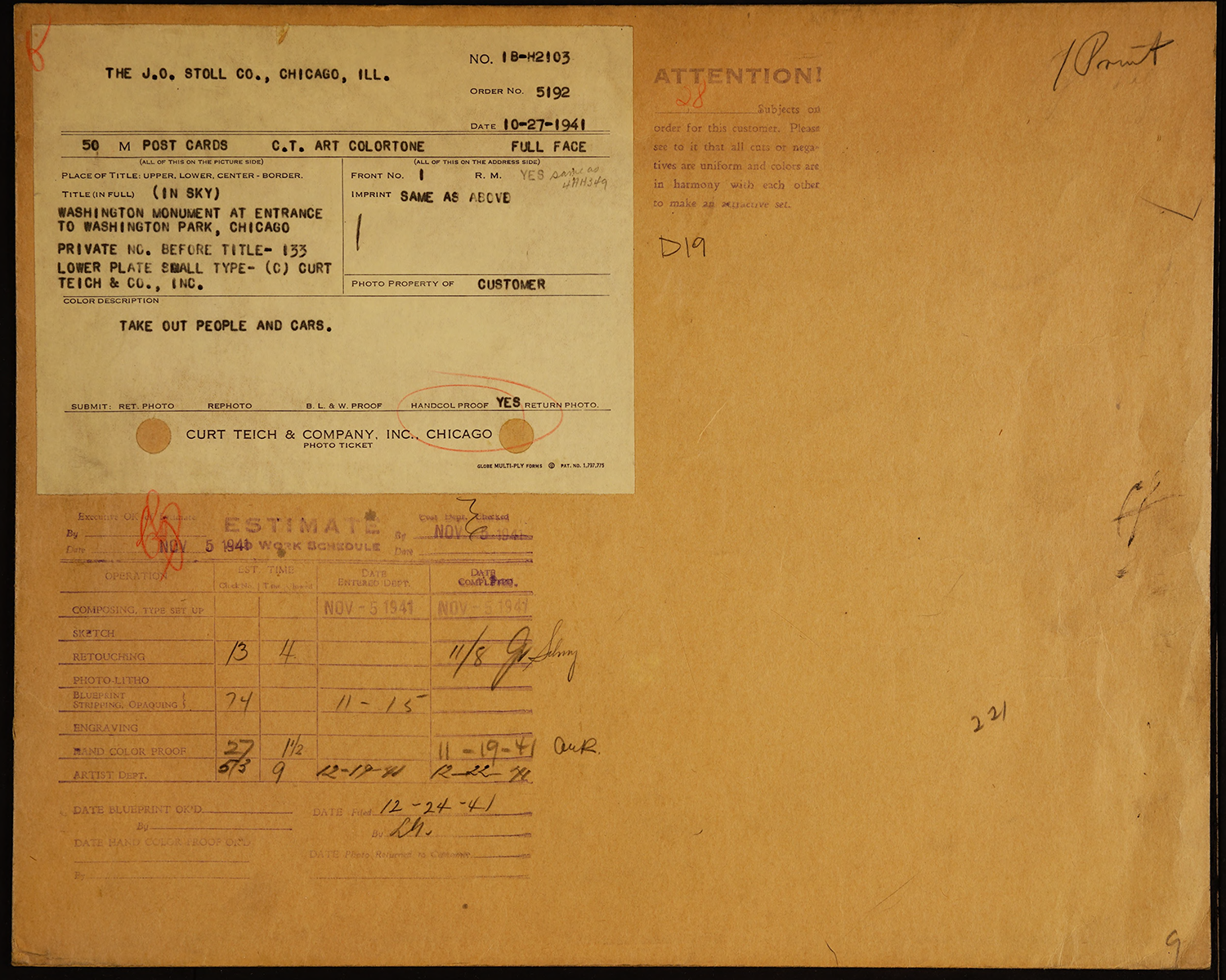 An envelope with order details and an estimate of the work schedule. The order is put in on 10/27/1941 and it passes through the composing, retouching, blueprint, hand color proof, and artist departments before being finished on 12/24/1941
