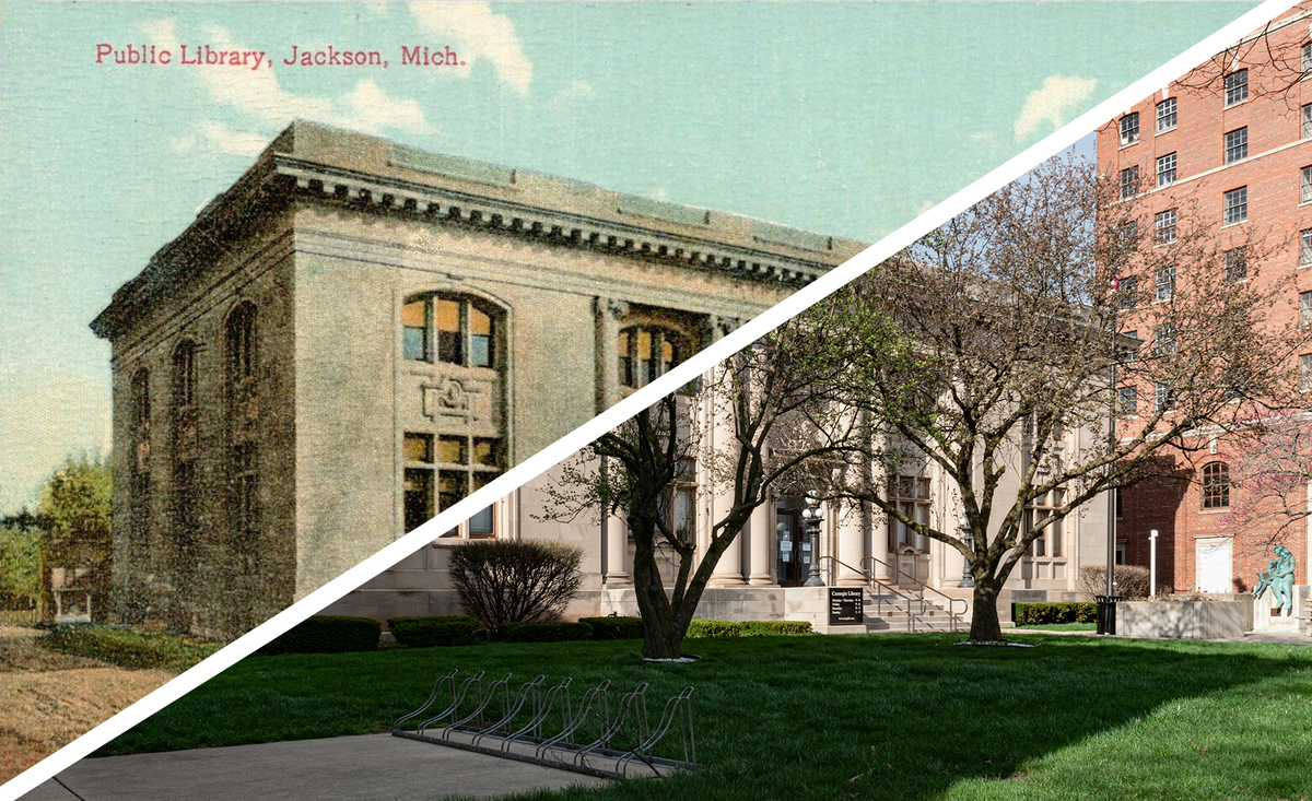 Merged image of a 1910 postcard of the Jackson Carnegie Library with a 2021 photo
