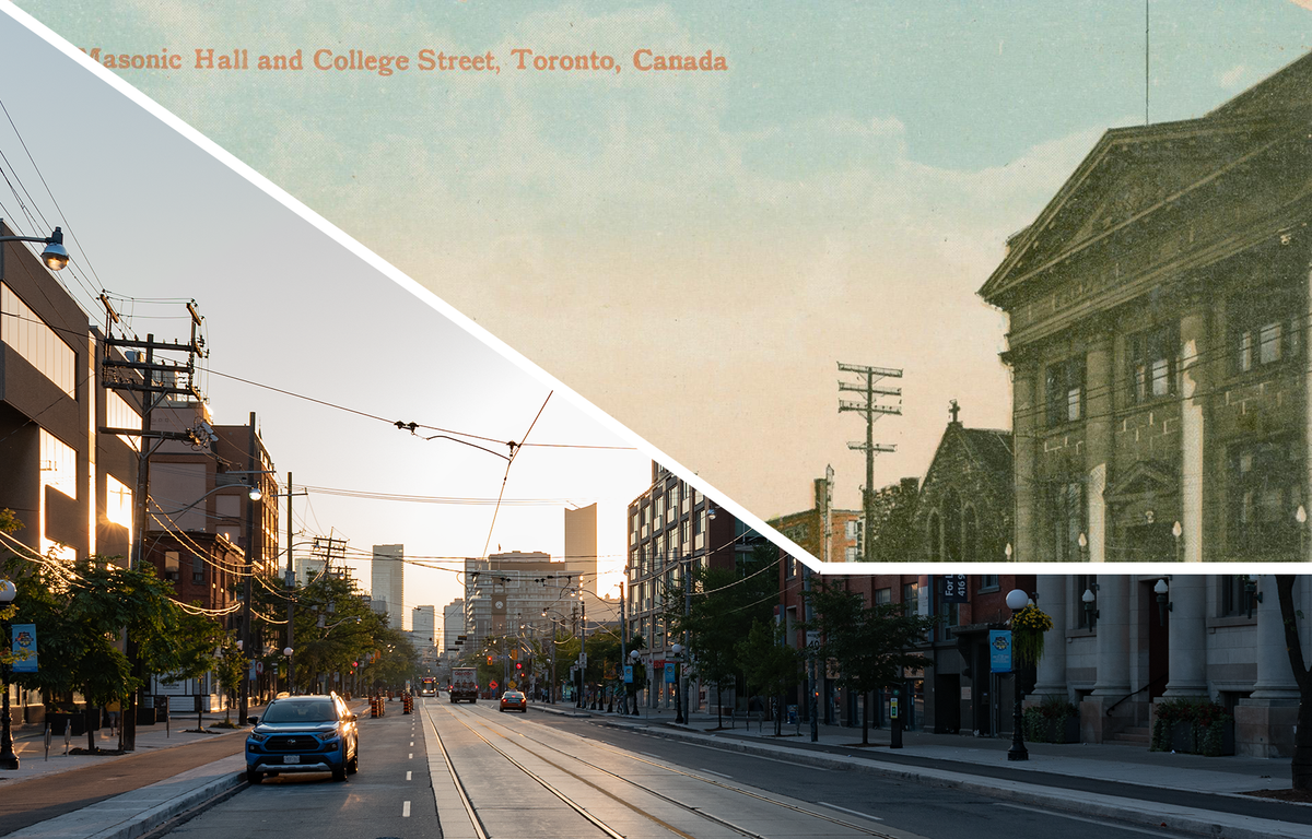 Merged image of the 2023 photo and the 1913 postcard