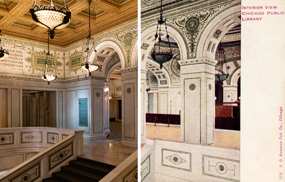 Merged image of a postcard of the 3rd floor landing of the grand stairway of the Chicago cultural center and a 2025 photo