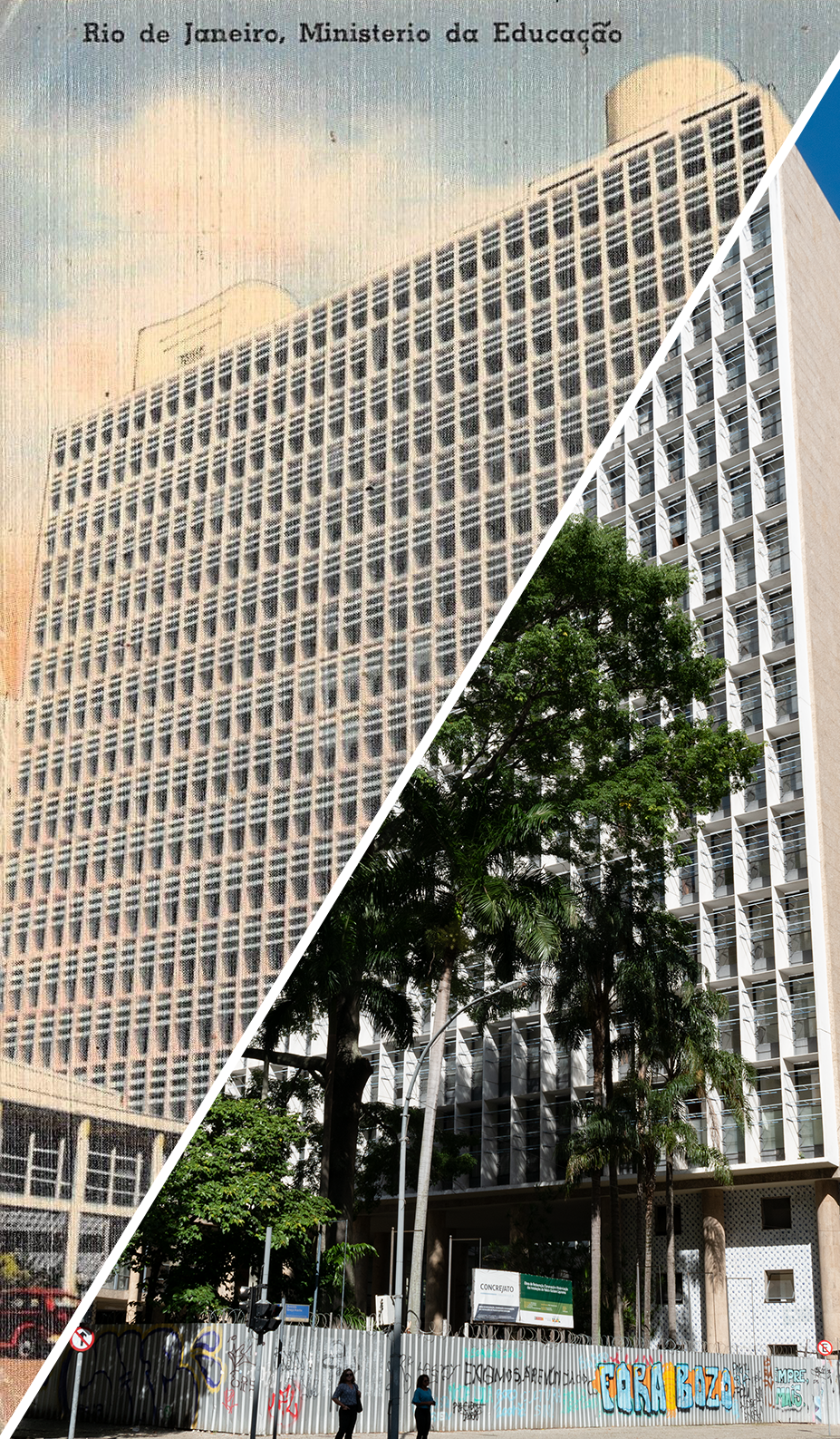 Merged image of the linen postcard of the Ministry of Education & Health Building and a 2023 photo