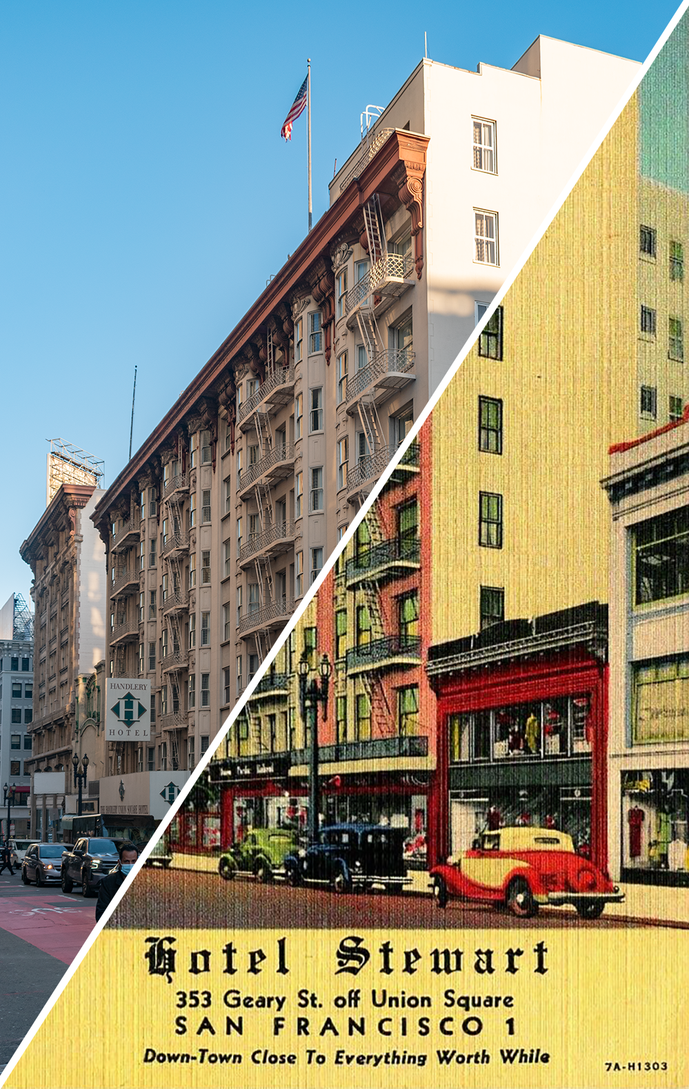 Merged image of the color linen postcard and the 2022 photo.