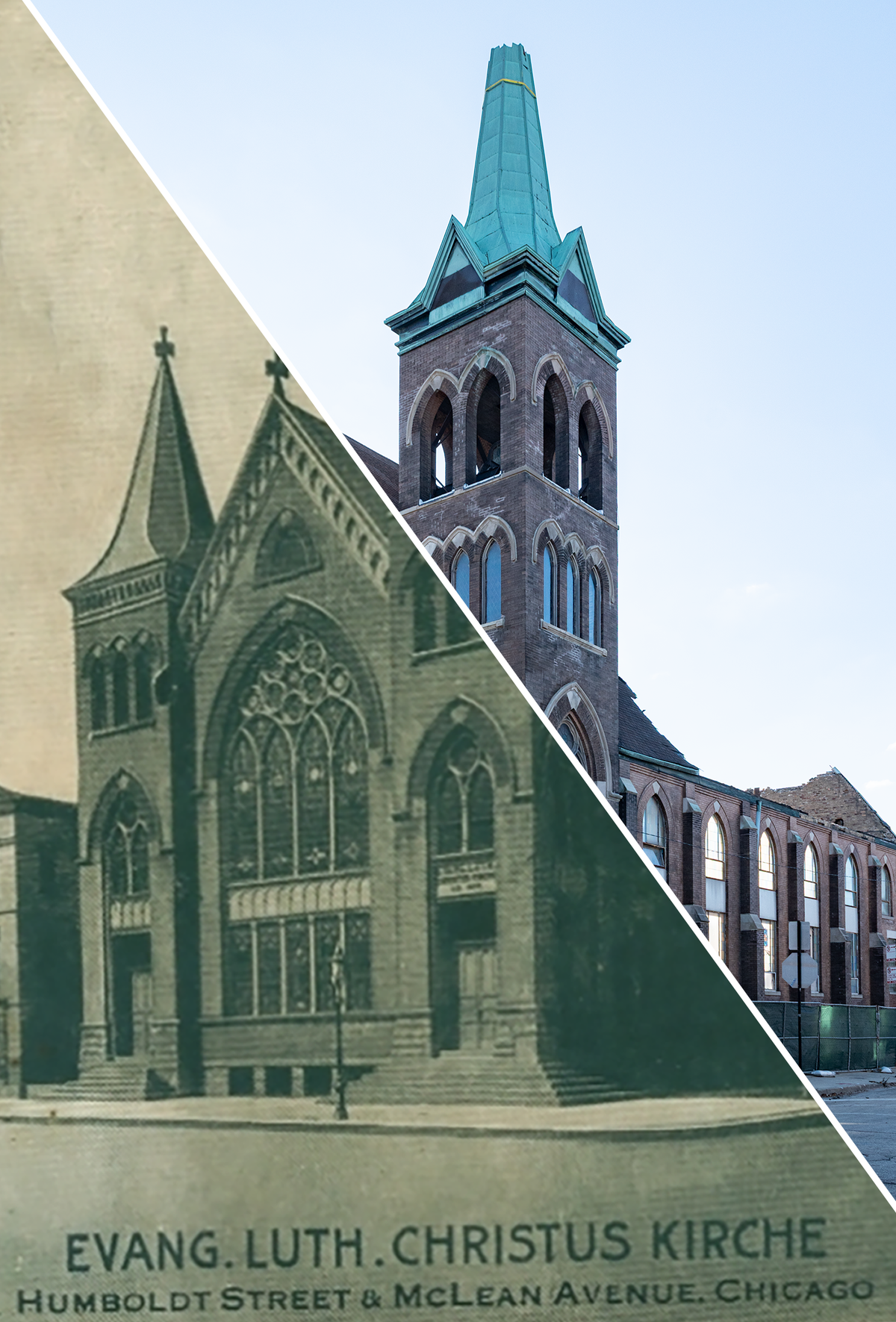 Merged image of the postcard and the present-day photo