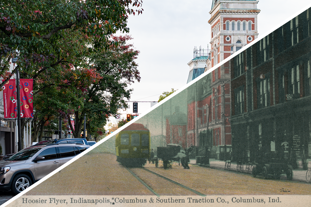 Split image of the 2023 photo and postcard