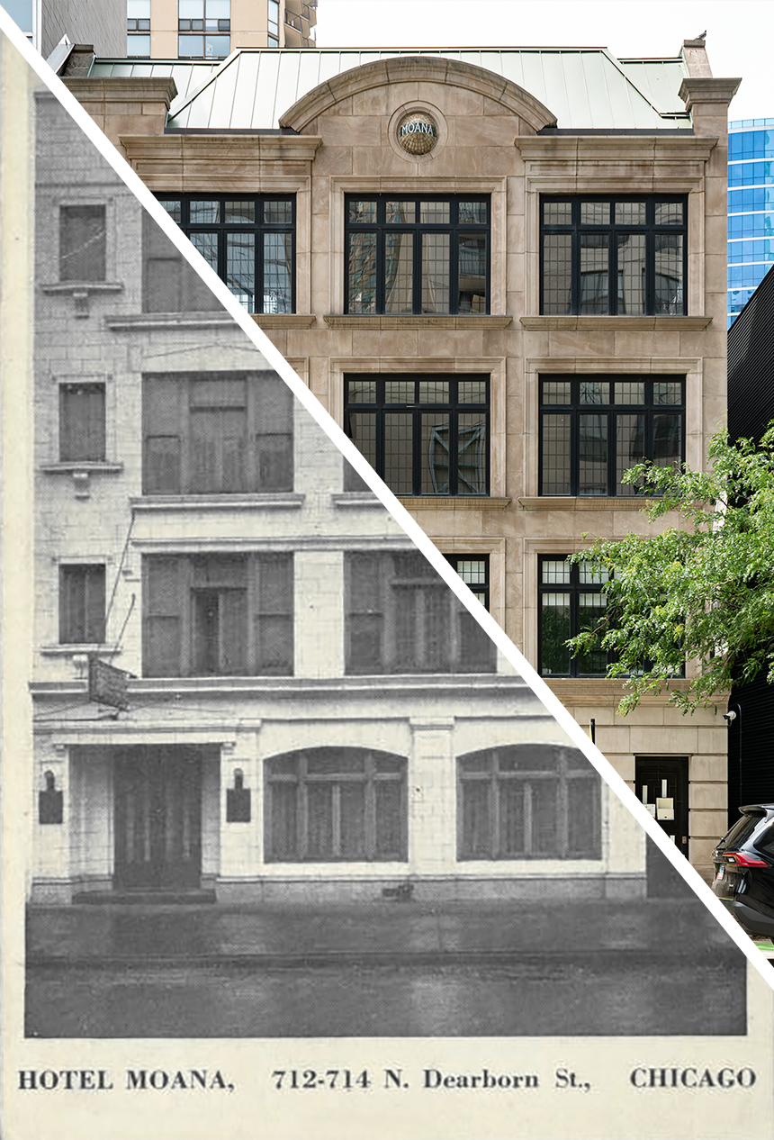 Split image of the Hotel Moana and the present-day photo of the building