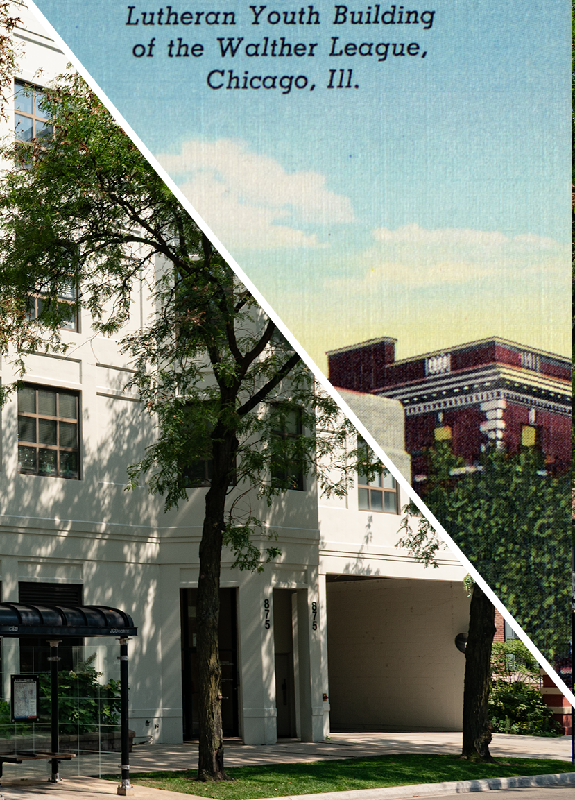 Split image of the 2026 photo of the Lutheran Youth Building and the linen postcard